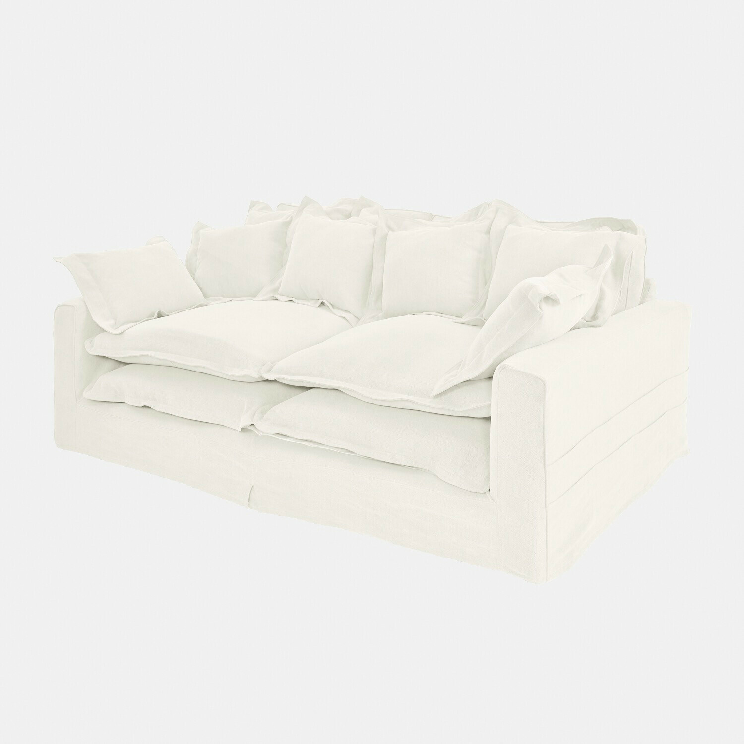 Sofa Terell Biała sofa z tkaniny z dwoma poduszkami, nowoczesny mebel wypoczynkowy do salonu