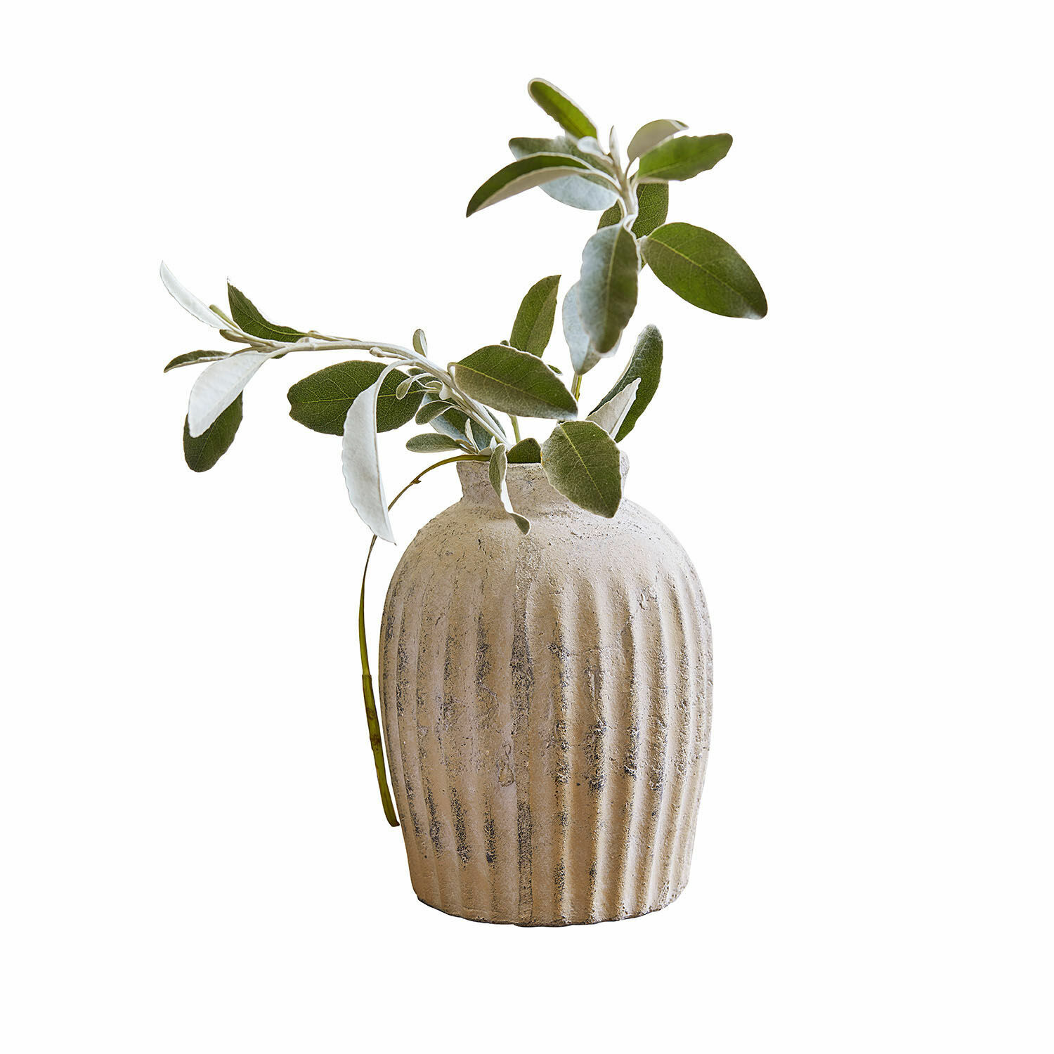 Wazon Melissa Beżowy ceramiczny wazon z żłobieniami z zielonymi liśćmi, dekoracja wnętrz, naturalny styl