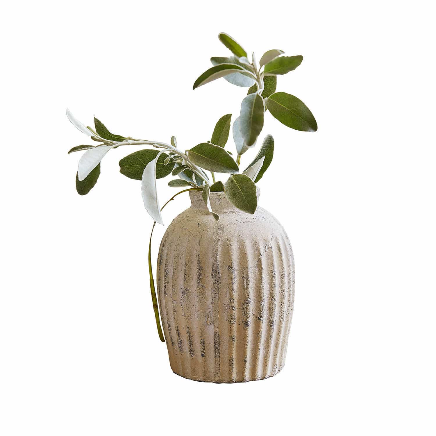Wazon Melissa Beżowy ceramiczny wazon z żłobieniami z zielonymi liśćmi, dekoracja wnętrz, naturalny styl