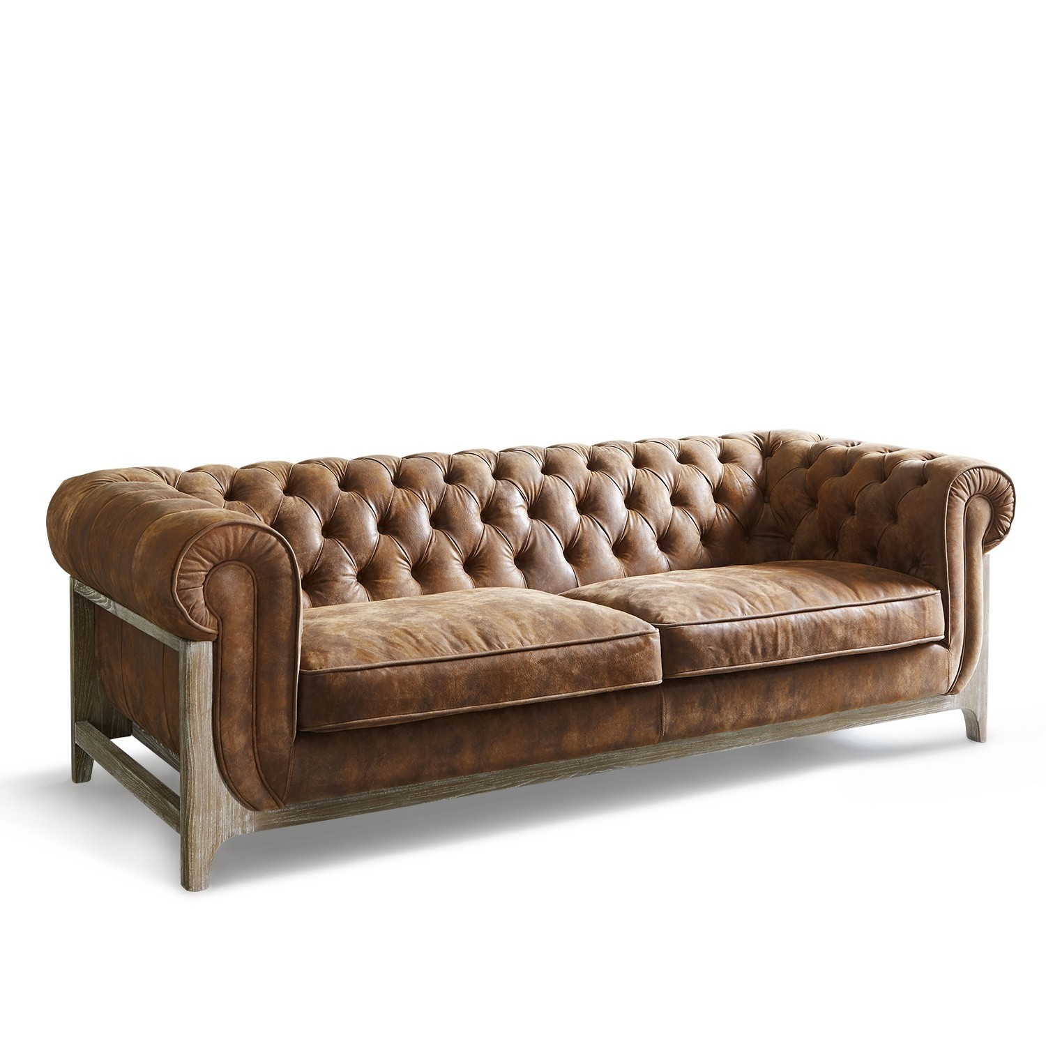 Sofa Swansboro Brązowa skórzana sofa Chesterfield z drewnianą ramą, stylowy mebel do salonu