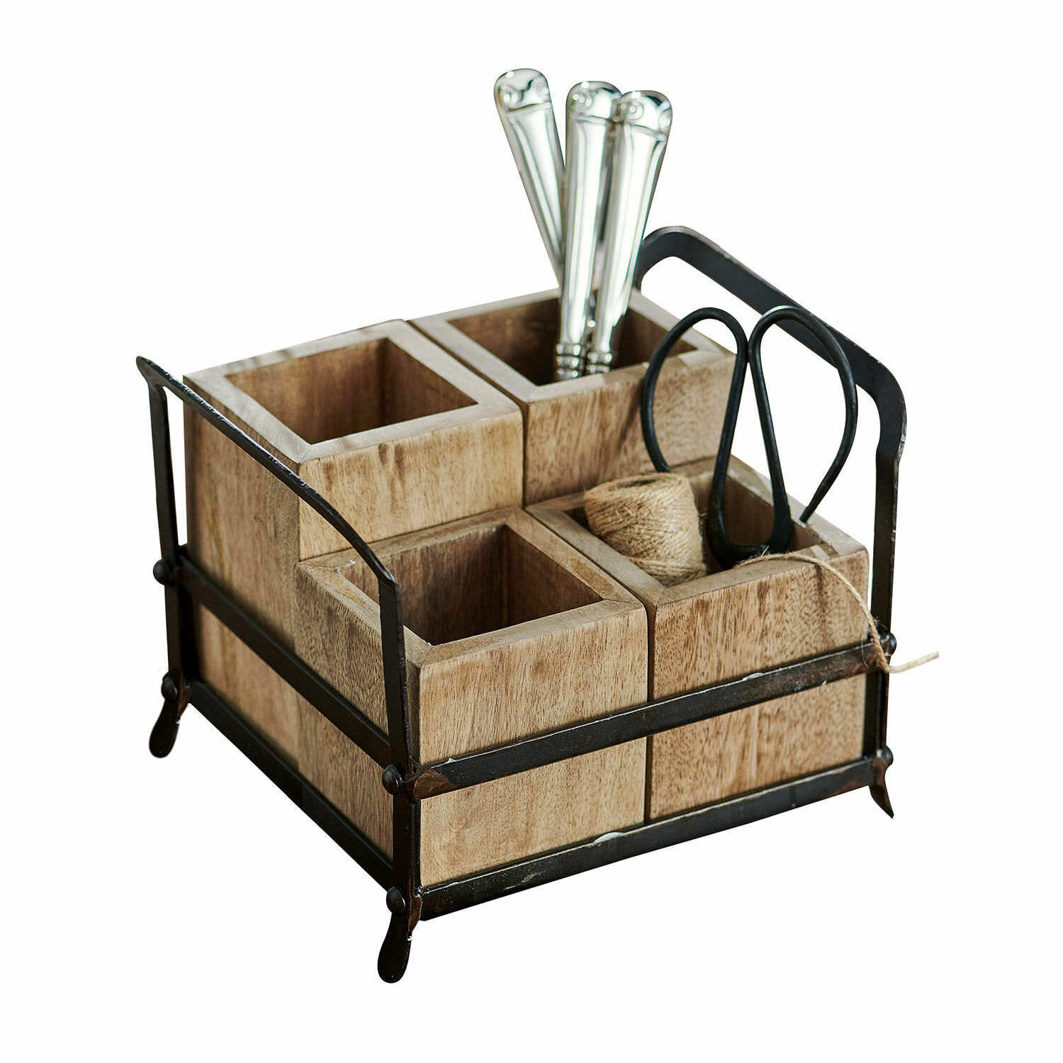 Organizer Postes Drewniany organizer z czarną metalową ramą i czterema przegródkami do przechowywania akcesoriów