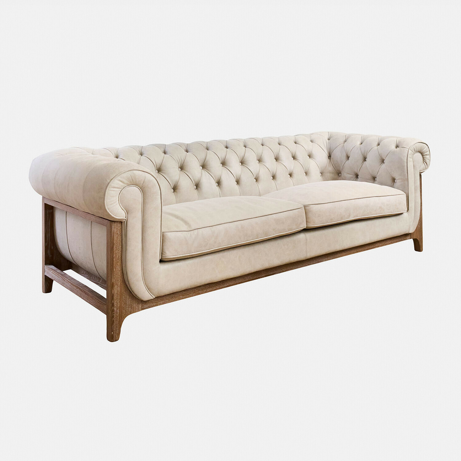 Sofa Swansboro Beżowa sofa Chesterfield z pikowanym oparciem i drewnianą ramą, elegancki mebel wypoczynkowy