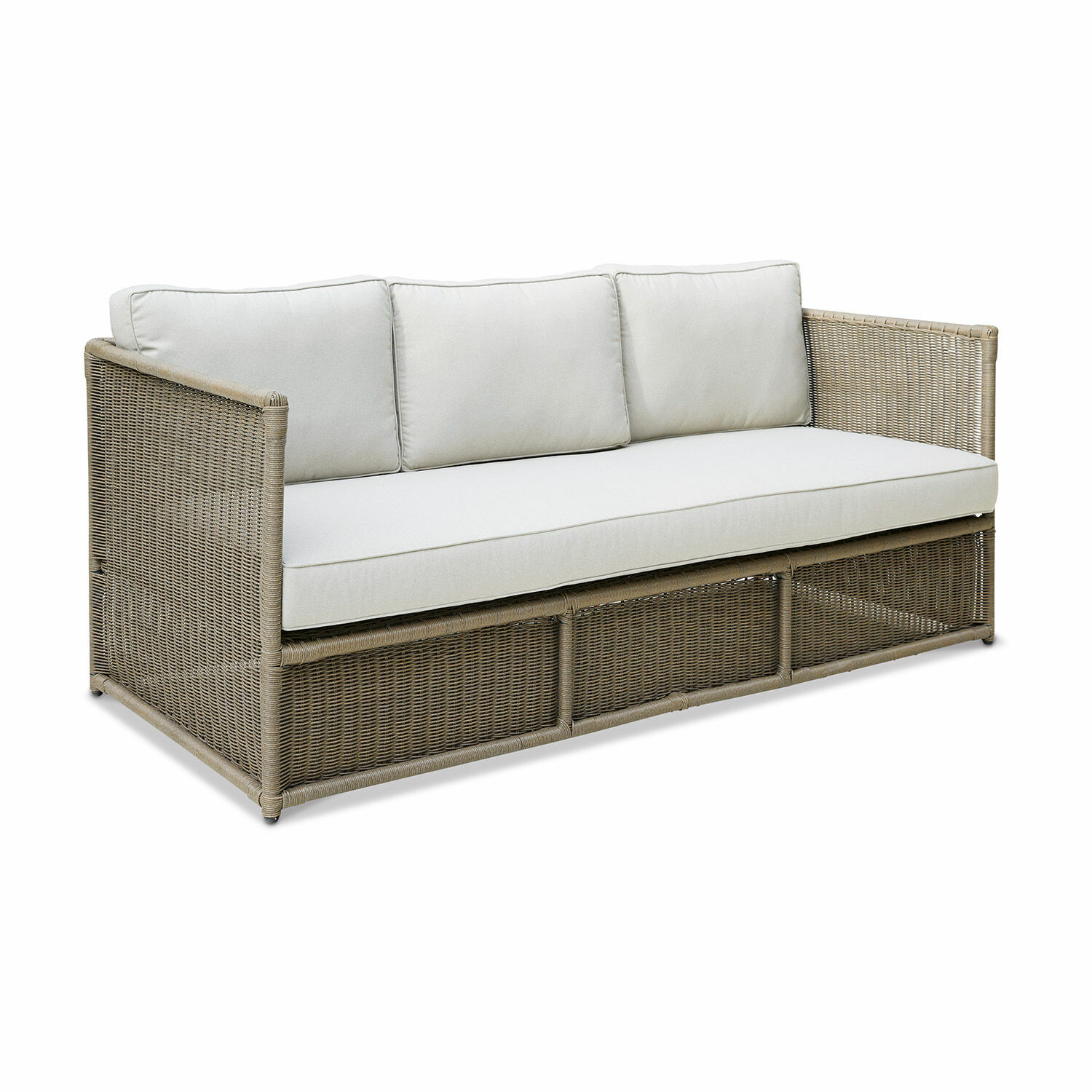Sofa Lesmont Sofa ogrodowe z rattanu w kolorze beżowym z jasnymi poduszkami, wygodne meble tarasowe