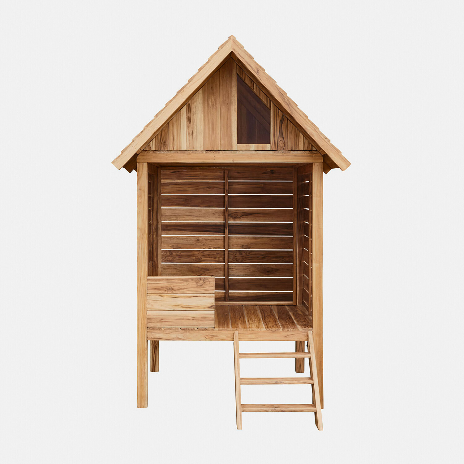 Drewniany domek dla dzieci z naturalnego drewna teakowego w jasnobrązowym kolorze z drabinką