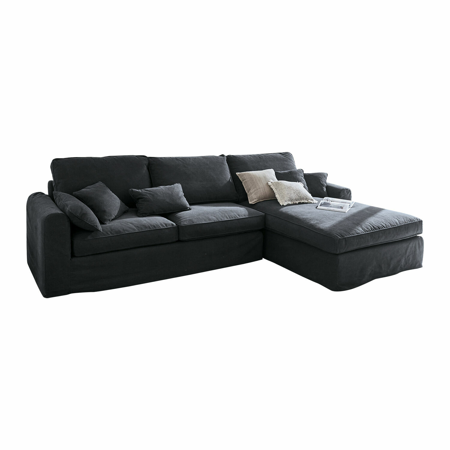 Sofa Seaford Duża czarna sofa narożna z tkaniny z poduszkami, wygodna do salonu