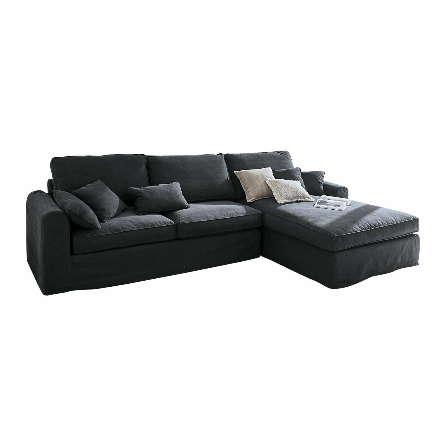 Sofa Seaford Duża czarna sofa narożna z tkaniny z poduszkami, wygodna do salonu