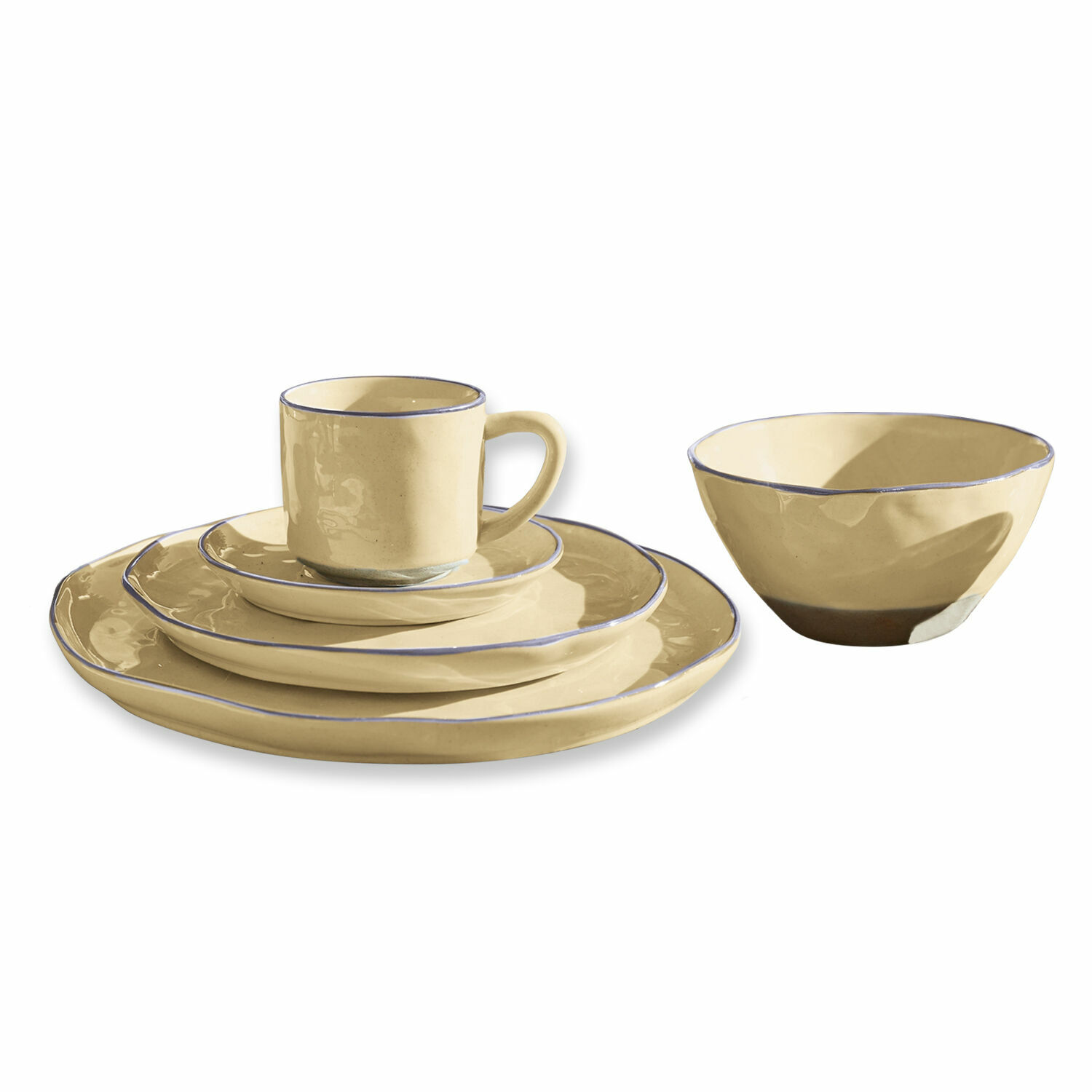 żółty Żółty ceramiczny zestaw naczyń Biarritz 30 elementów z delikatną niebieską obwódką