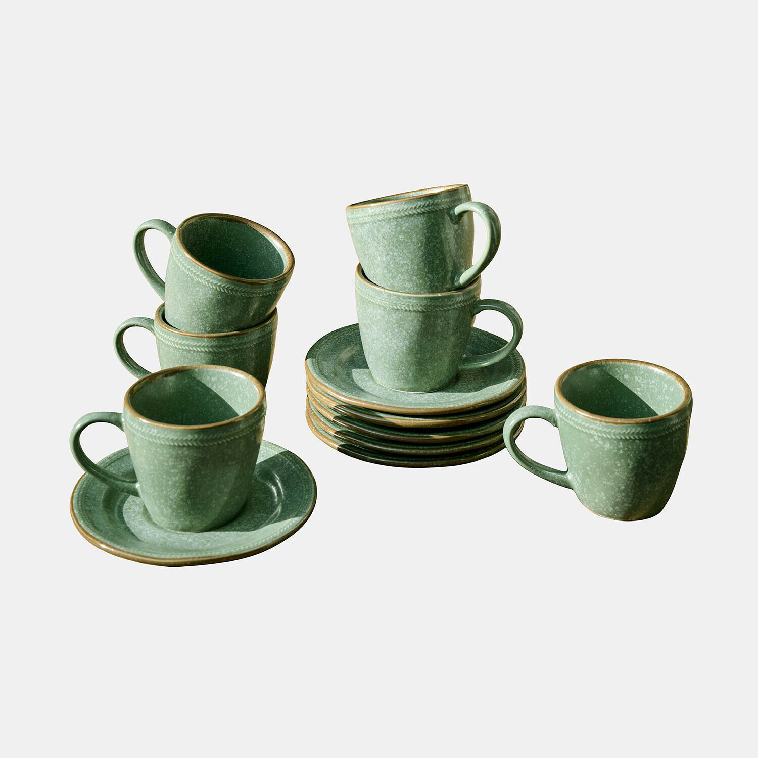 zielony Zestaw 6 zielonych ceramicznych filiżanek z talerzykami Norrvik do kawy i herbaty