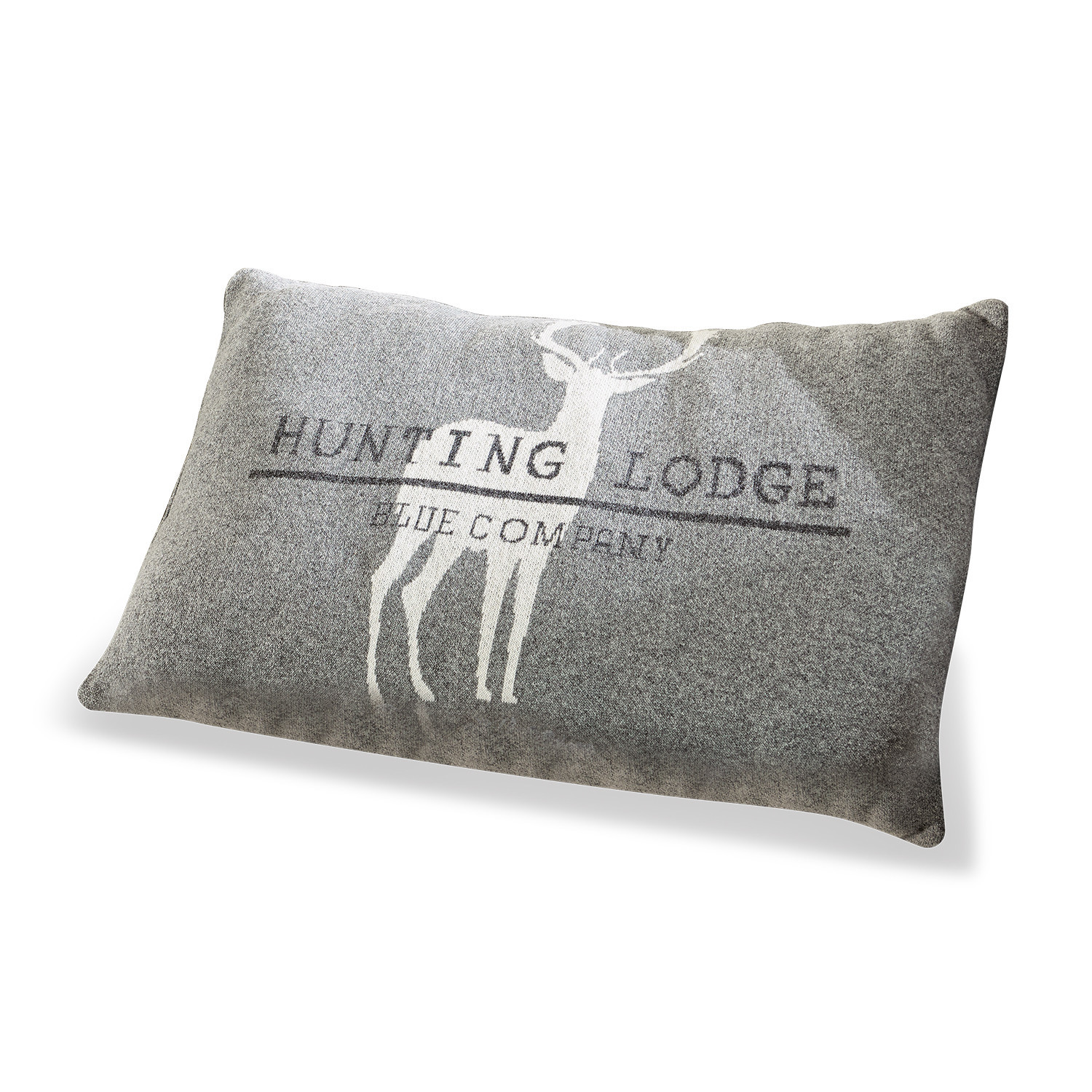 Poduszka Lodge Szara poduszka dekoracyjna z motywem jelenia i napisem Hunting Lodge, miękki materiał, styl rustykalny