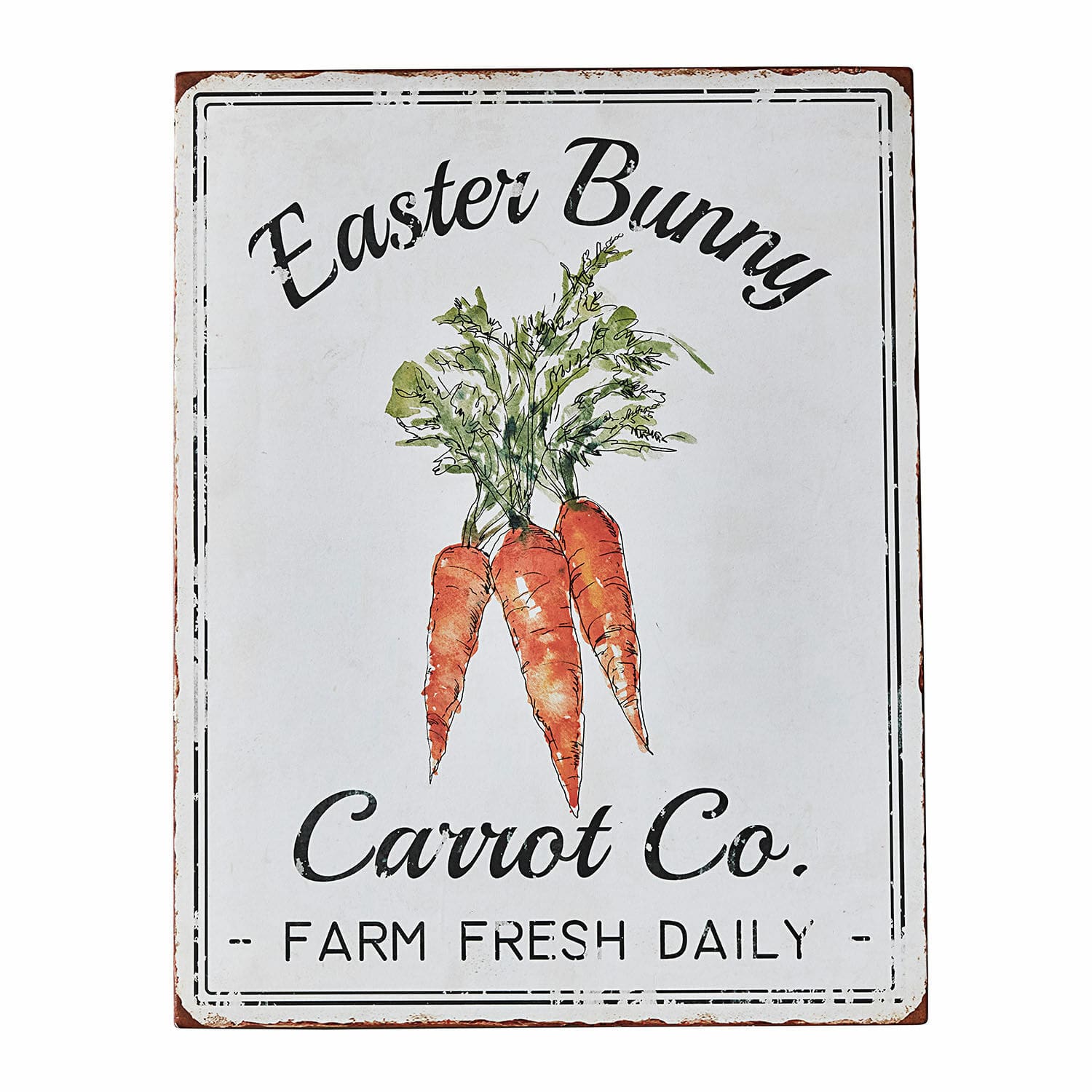 Tablica dekoracyjna Gimont Metalowa tablica dekoracyjna z motywem marchewek i napisem Easter Bunny Carrot Co.