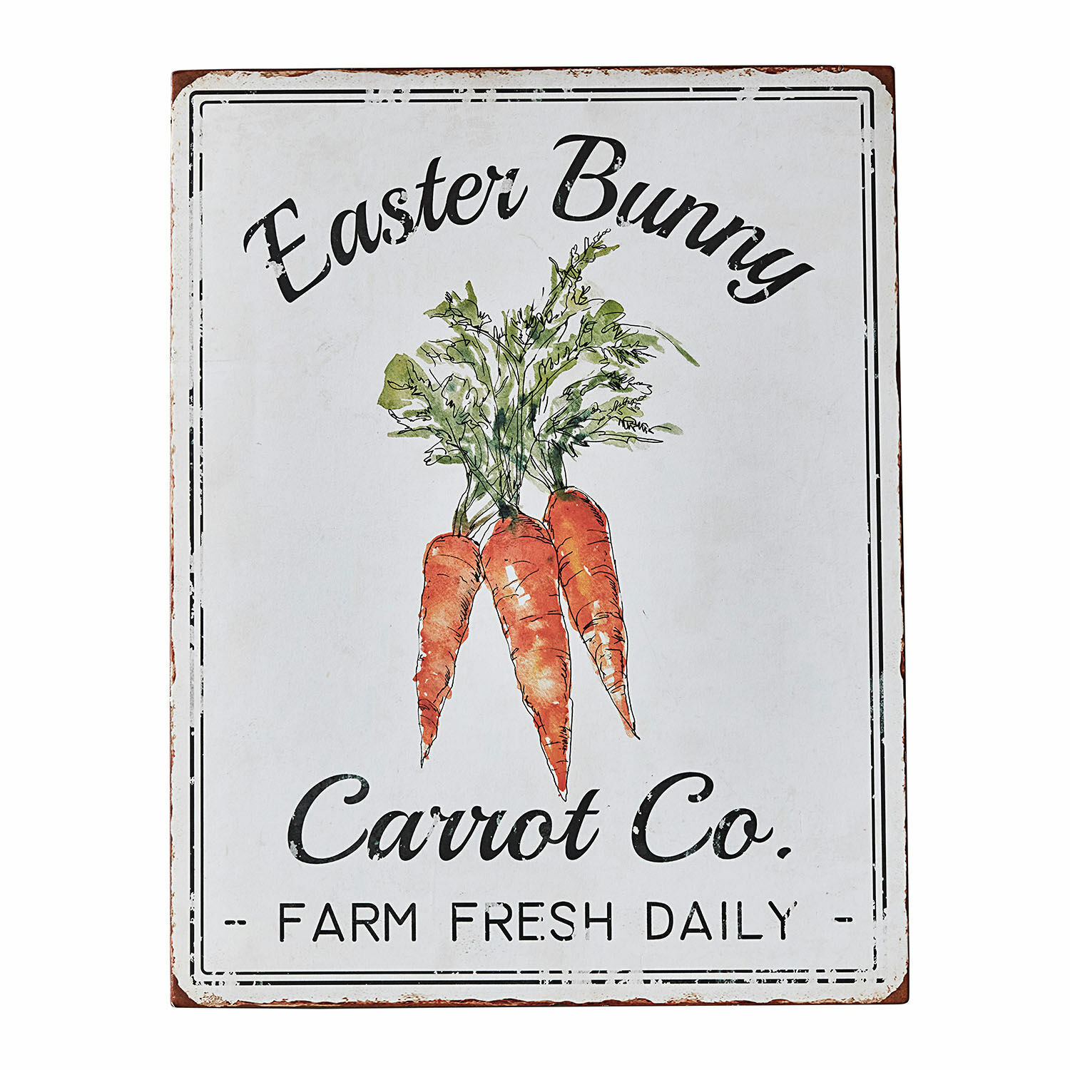 Tablica dekoracyjna Gimont Metalowa tablica dekoracyjna z motywem marchewek i napisem Easter Bunny Carrot Co.