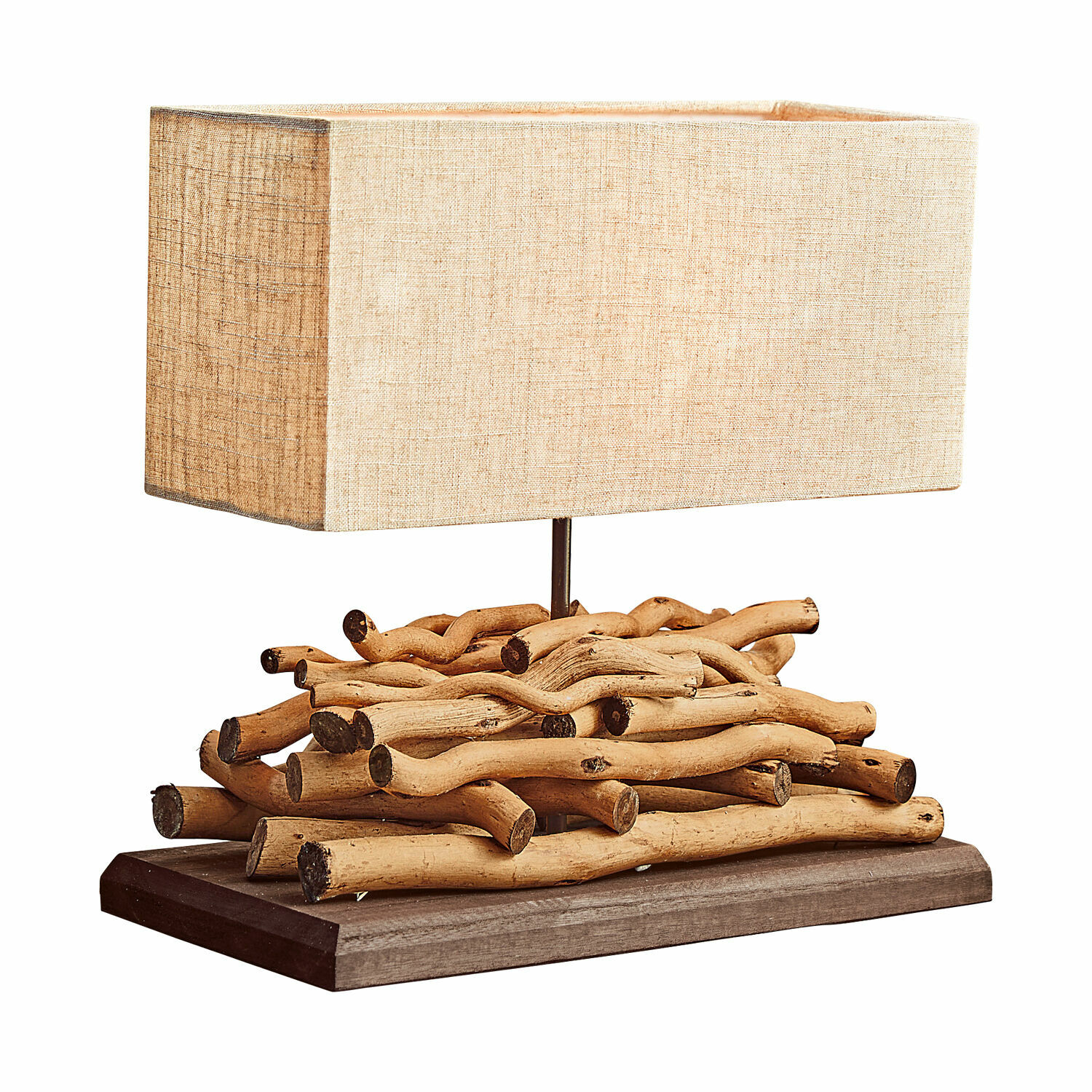 Lampa stołowa Caribou Lampka stołowa z beżowym abażurem i podstawą z naturalnego drewna w stylu rustykalnym