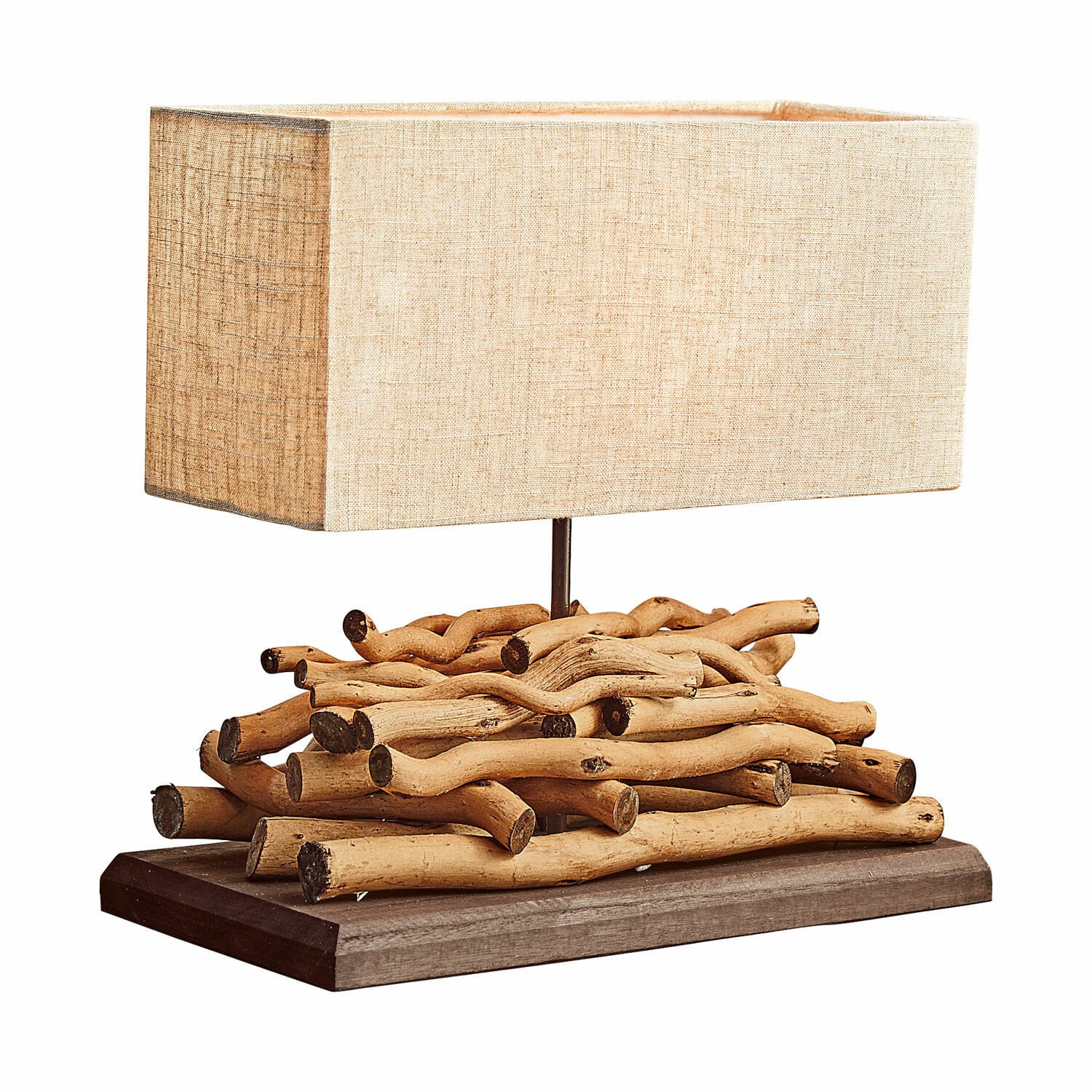 Lampa stołowa Caribou Lampka stołowa z beżowym abażurem i podstawą z naturalnego drewna w stylu rustykalnym