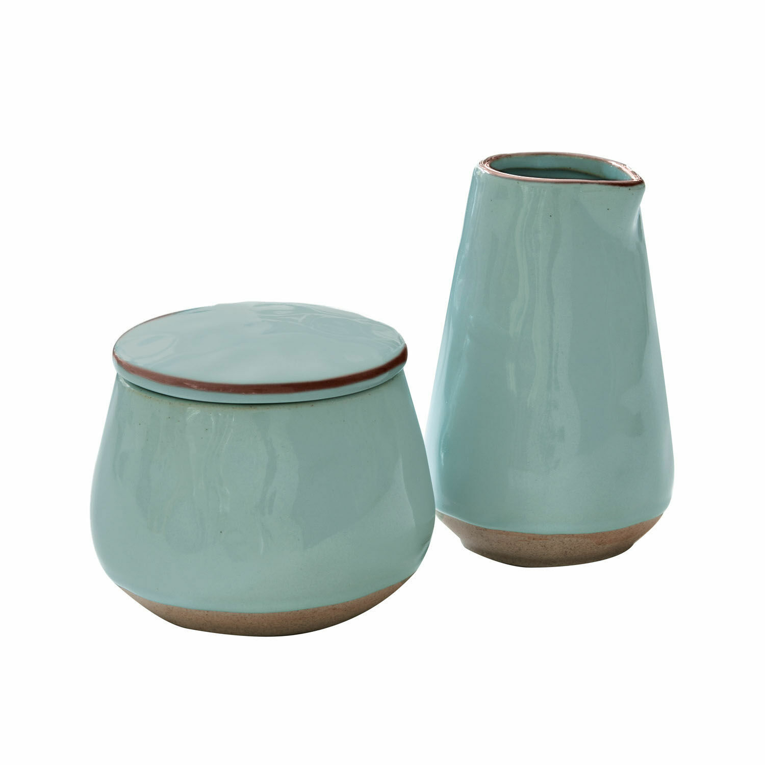 turkusowy Turkusowy ceramiczny zestaw cukierniczki i mlecznika z naturalnym brązowym spodem