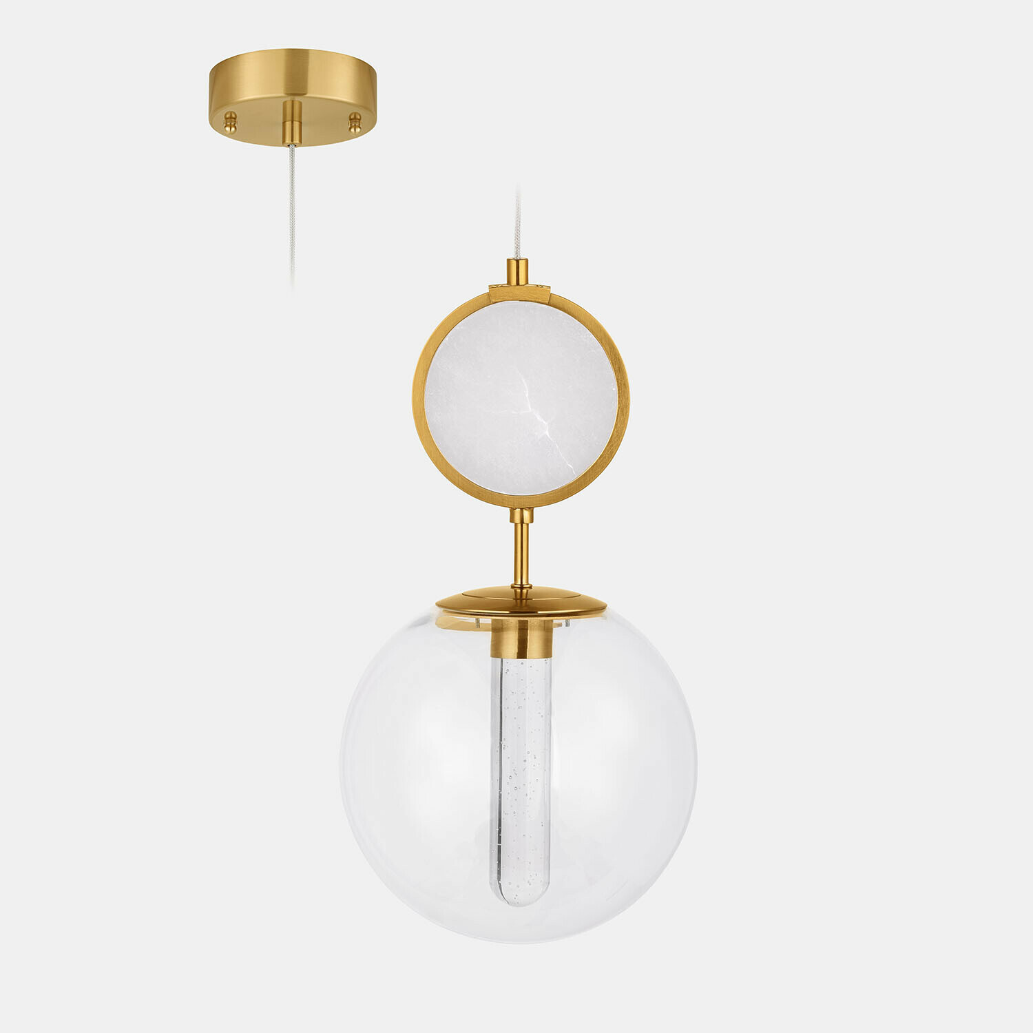Lampa wisząca LED Corvane Złota lampa wisząca z przezroczystą szklaną kulą i marmurowym detalem, nowoczesne oświetlenie wnętrz