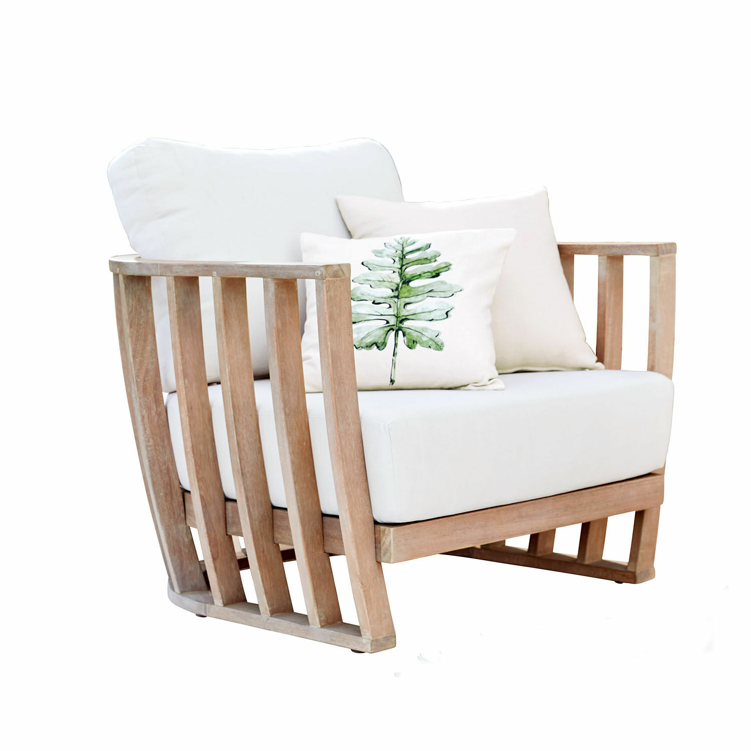 Fotel FSC®-100% Vézère Fotel z drewna teakowego z białą tapicerką i poduszkami, nowoczesny mebel wypoczynkowy
