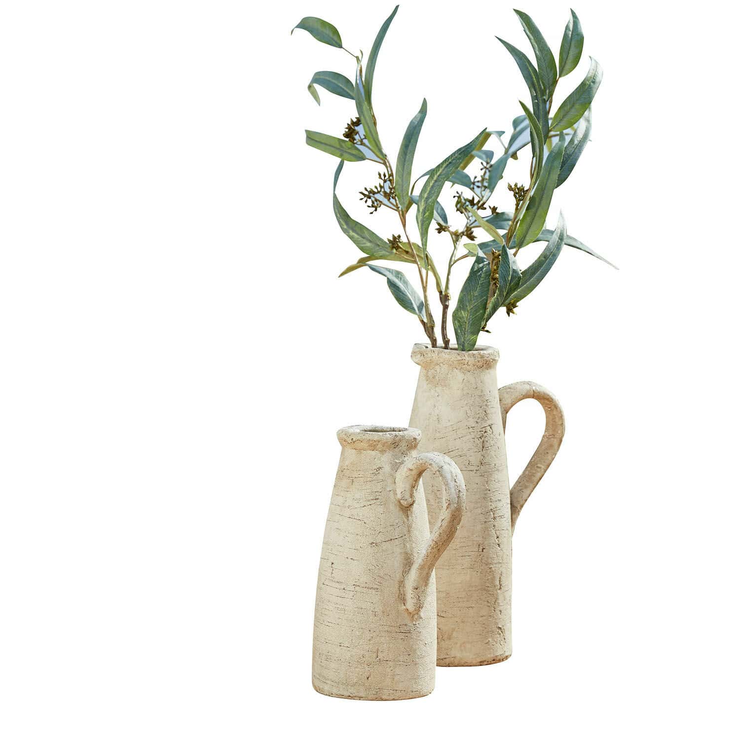 Dekoracyjny dzbanek, zestaw 2 szt. Lilette Zestaw dwóch beżowych ceramicznych wazonów z uchwytami, dekoracyjna roślina zielona