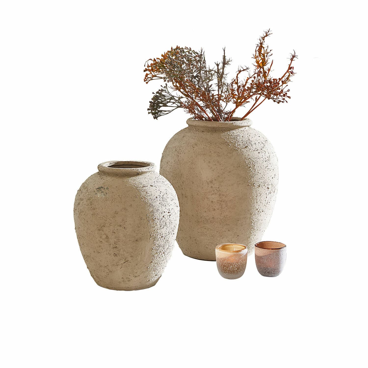 Wazon, zestaw 2 szt. Zaviro Zestaw dwóch beżowych ceramicznych wazonów z teksturą i dwóch małych świeczników dekoracyjnych