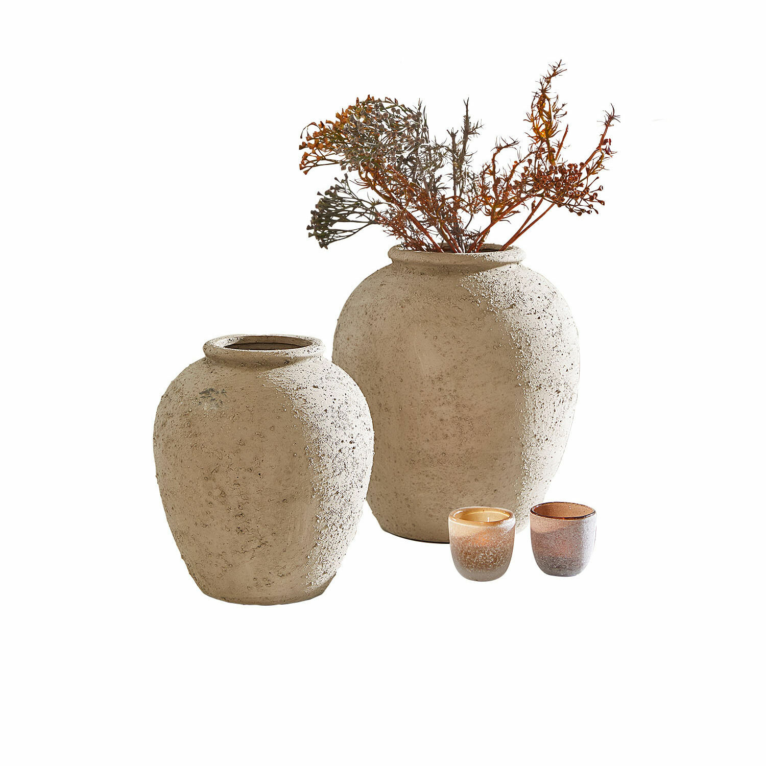 Wazon, zestaw 2 szt. Zaviro Zestaw dwóch beżowych ceramicznych wazonów z teksturą i dwóch małych świeczników dekoracyjnych
