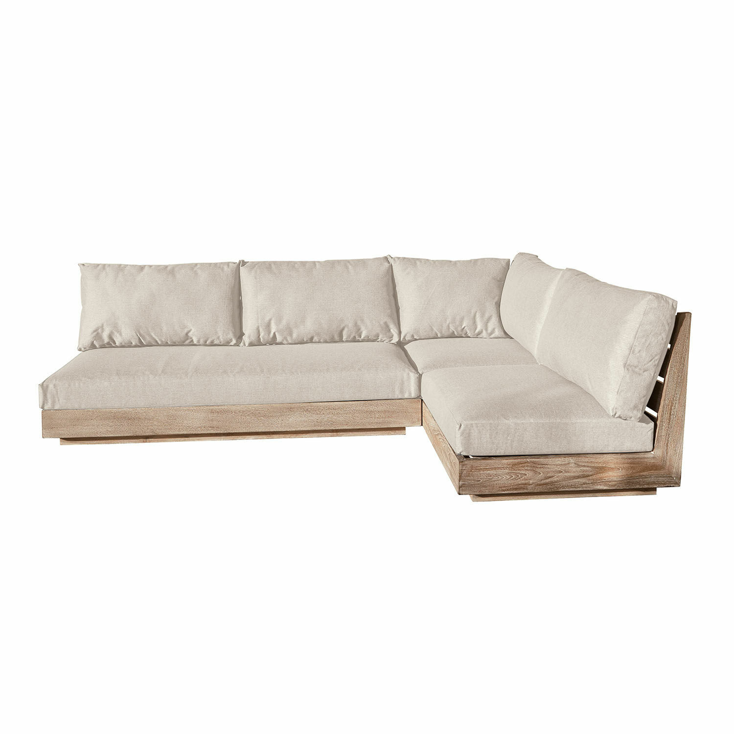 Kremowa sofa narożna z drewnianą ramą w kolorze brązowym, wygodne meble wypoczynkowe do salonu