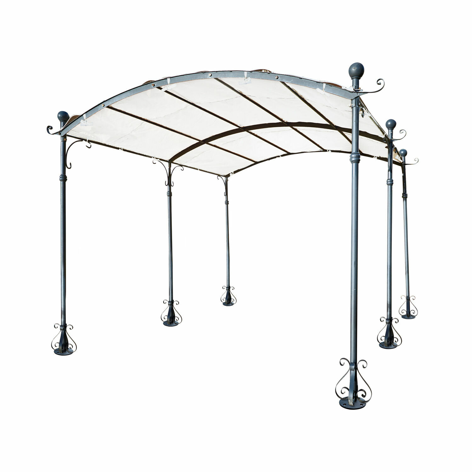 Pergola Yarl Metalowy pawilon ogrodowy z białym materiałowym dachem i ozdobnymi nogami, idealny na taras