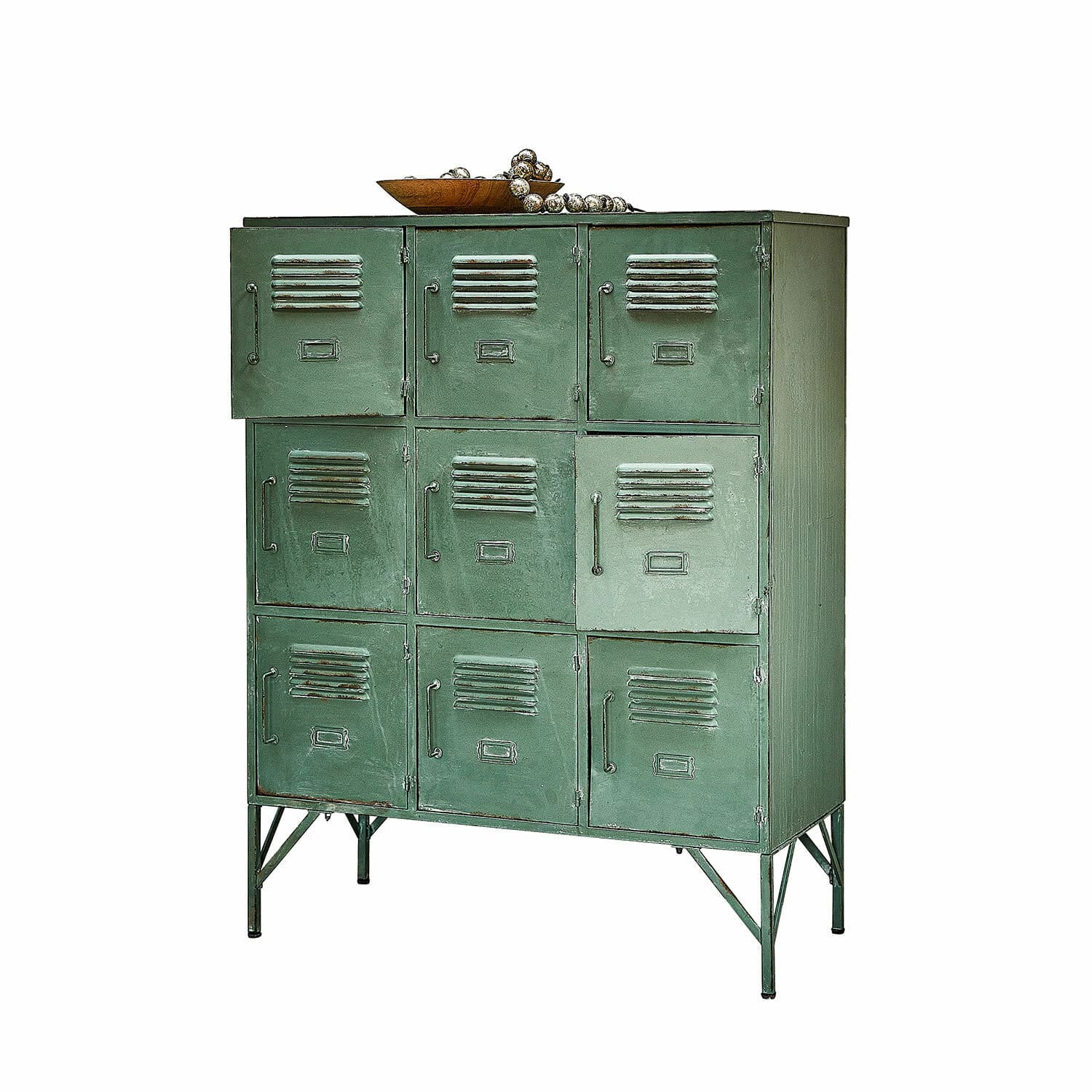 Komoda Urillac Metalowa zielona szafka z dziewięcioma drzwiczkami w stylu vintage do przechowywania
