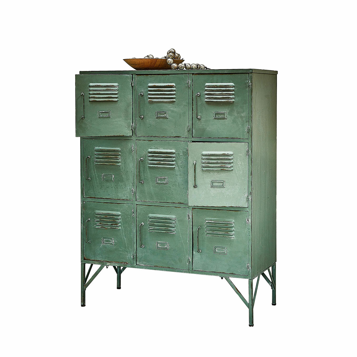 Komoda Urillac Metalowa zielona szafka z dziewięcioma drzwiczkami w stylu vintage do przechowywania
