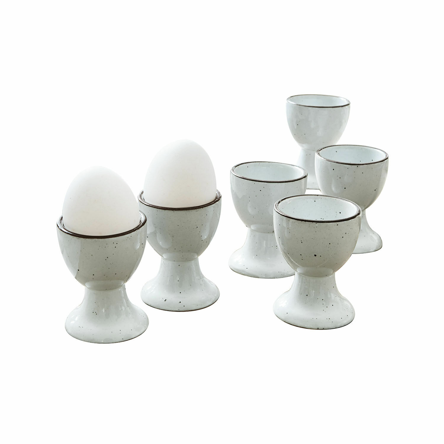 biały Zestaw 6 białych ceramicznych kieliszków na jajka z delikatnymi czarnymi plamkami do kuchni