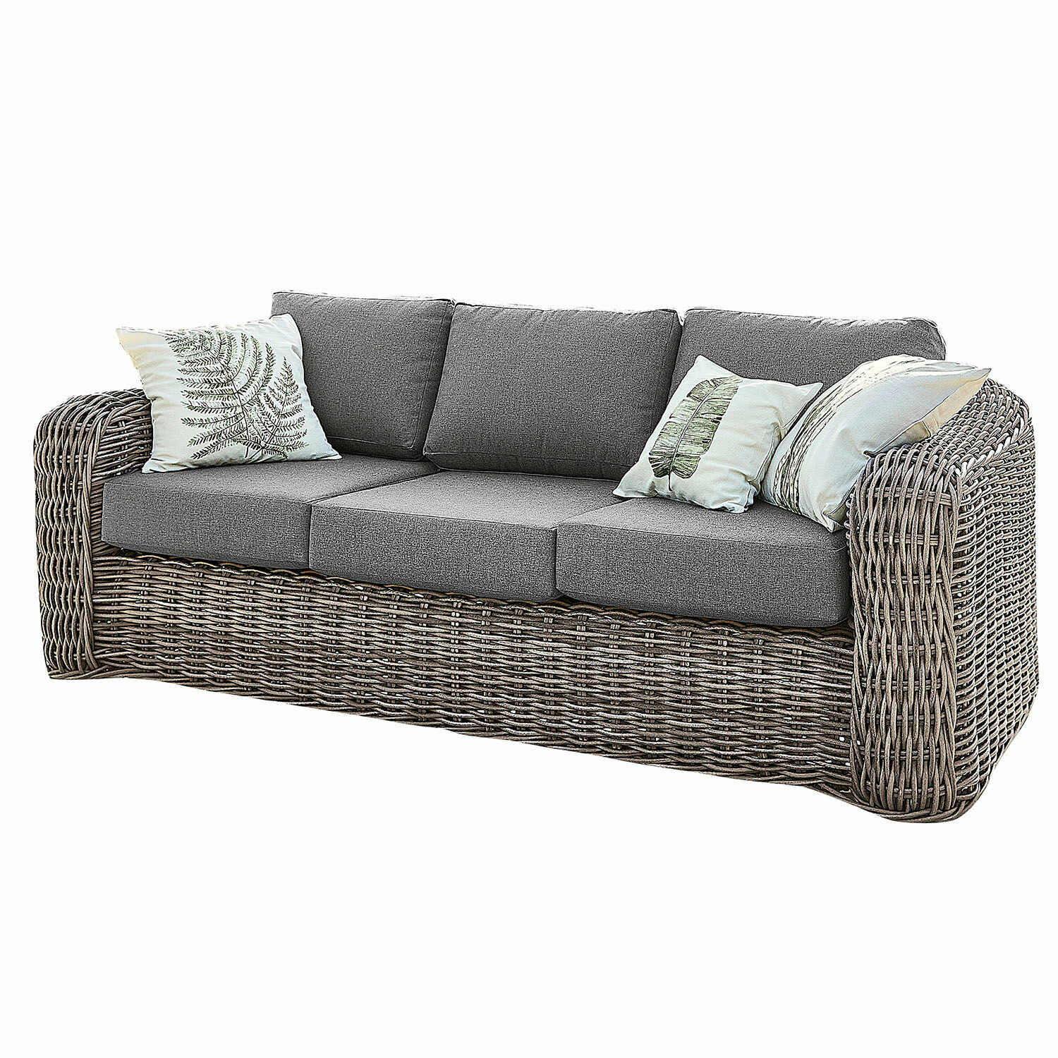 Sofa Upminster Sofa z rattanu z szarymi poduszkami i dekoracyjnymi poduszkami z motywem liści, mebel wypoczynkowy