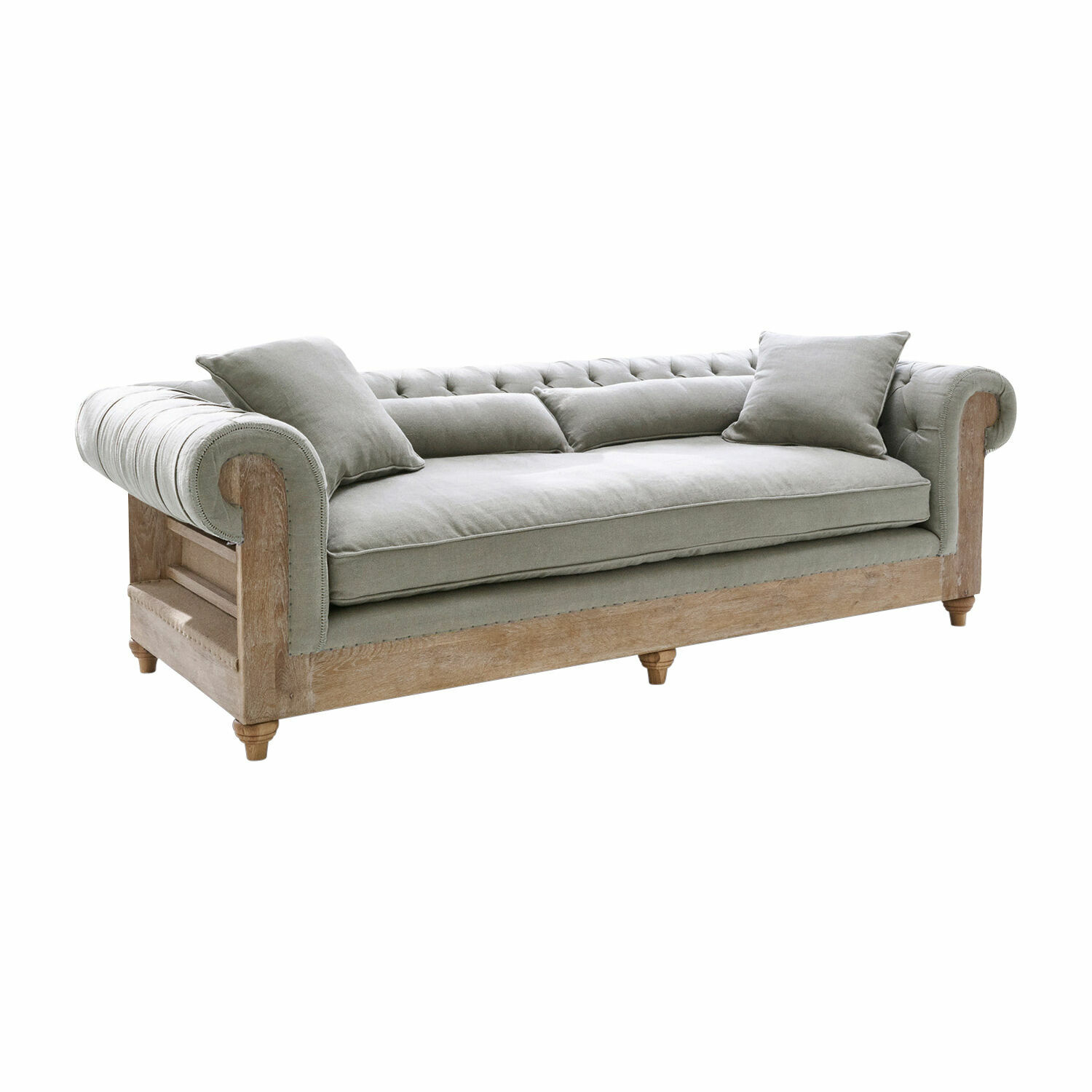 szary/brązowy Sofa Kanani w szarym materiale z brązową drewnianą ramą, wygodne meble do salonu