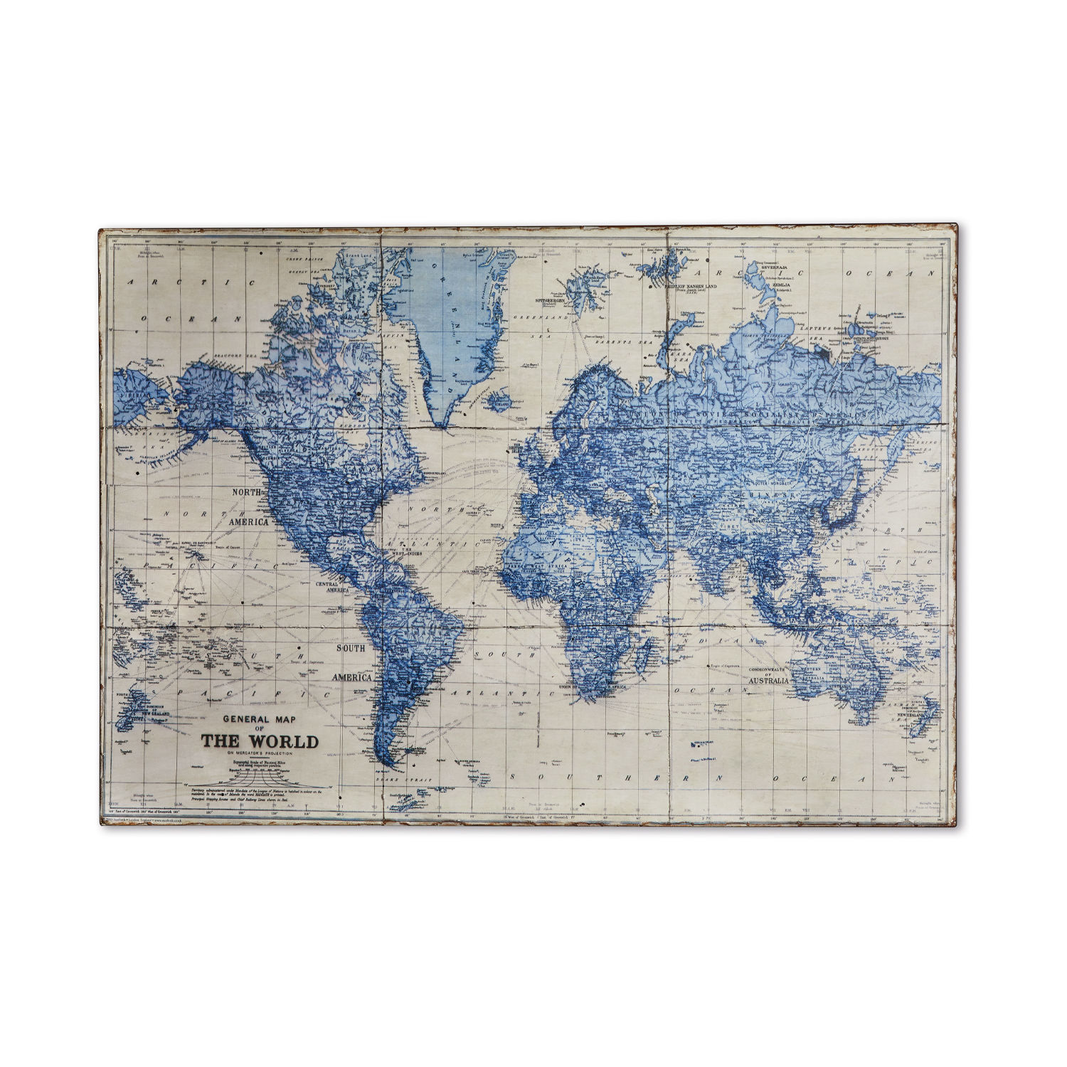 Mapa świata w stylu vintage z turkusowymi konturami na beżowym tle, dekoracja ścienna