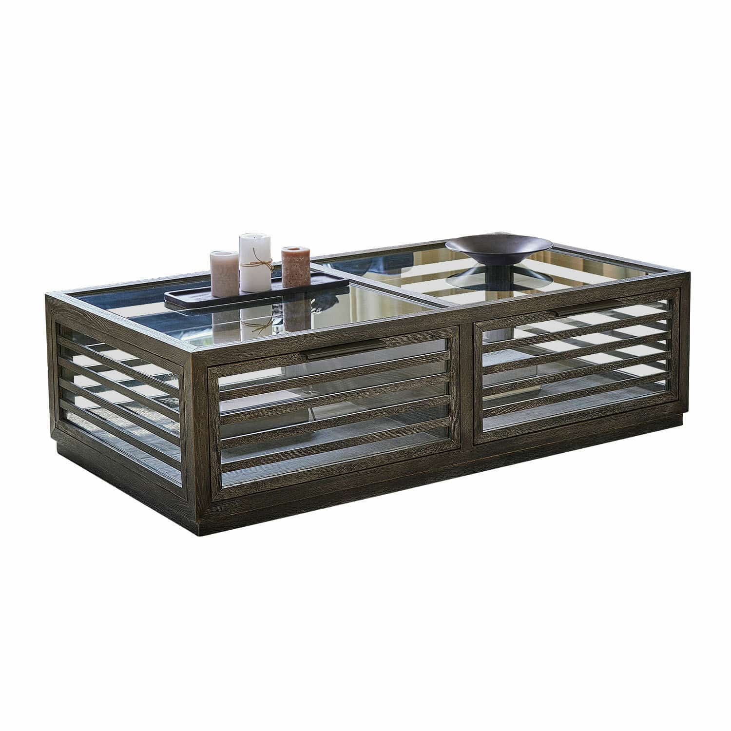 Stolik kawowy Trowbridge Stolik kawowy z ciemnego drewna z szklanym blatem i dekoracyjnymi świecami, nowoczesny design