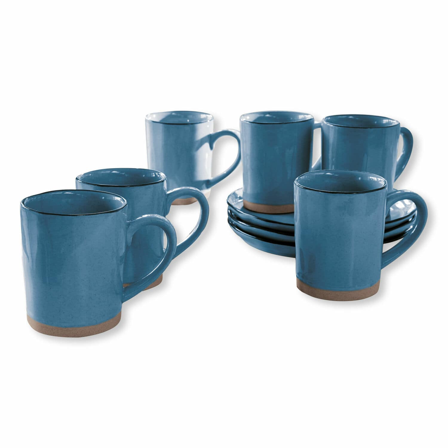 Filiżanka, zestaw 6 szt. Biarré Zestaw sześciu niebieskich ceramicznych kubków z talerzykami, trwałe naczynia do kawy i herbaty
