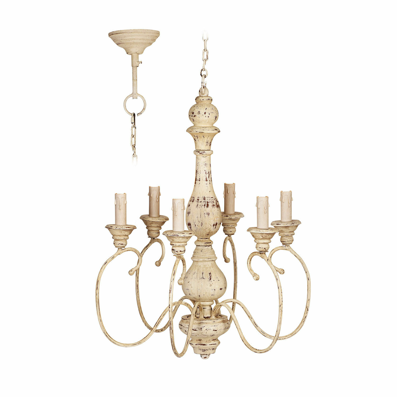 Lampa wisząca Greenwich Żyrandol z metalu w stylu vintage w kremowym kolorze z sześcioma miejscami na żarówki, dekoracyjny element oświetlenia.