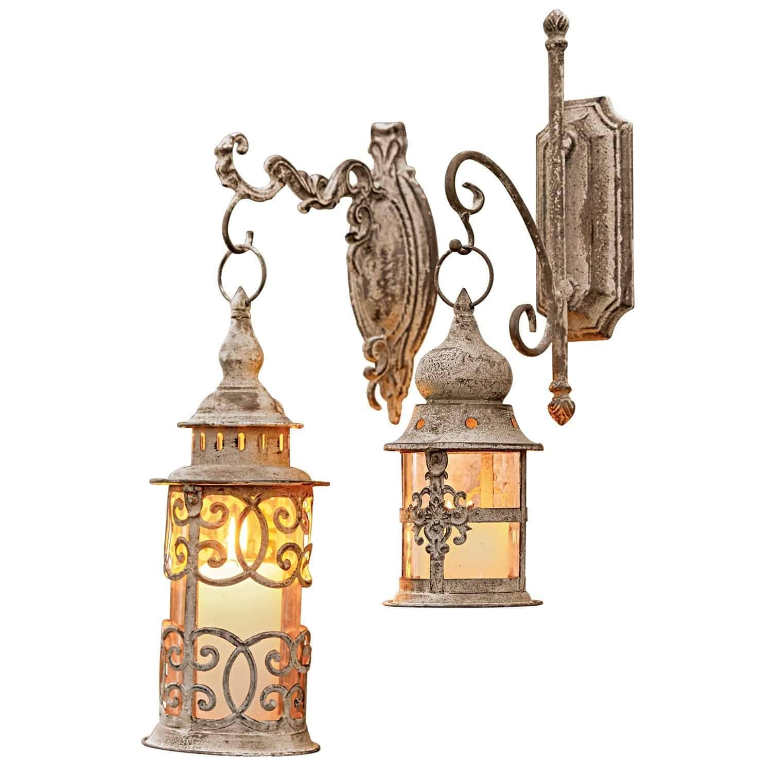 Lampion, zestaw 2 szt. Adéláde Metalowa lampa ścienna w stylu vintage w kolorze postarzanego brązu z ozdobnym wzorem i ciepłym światłem