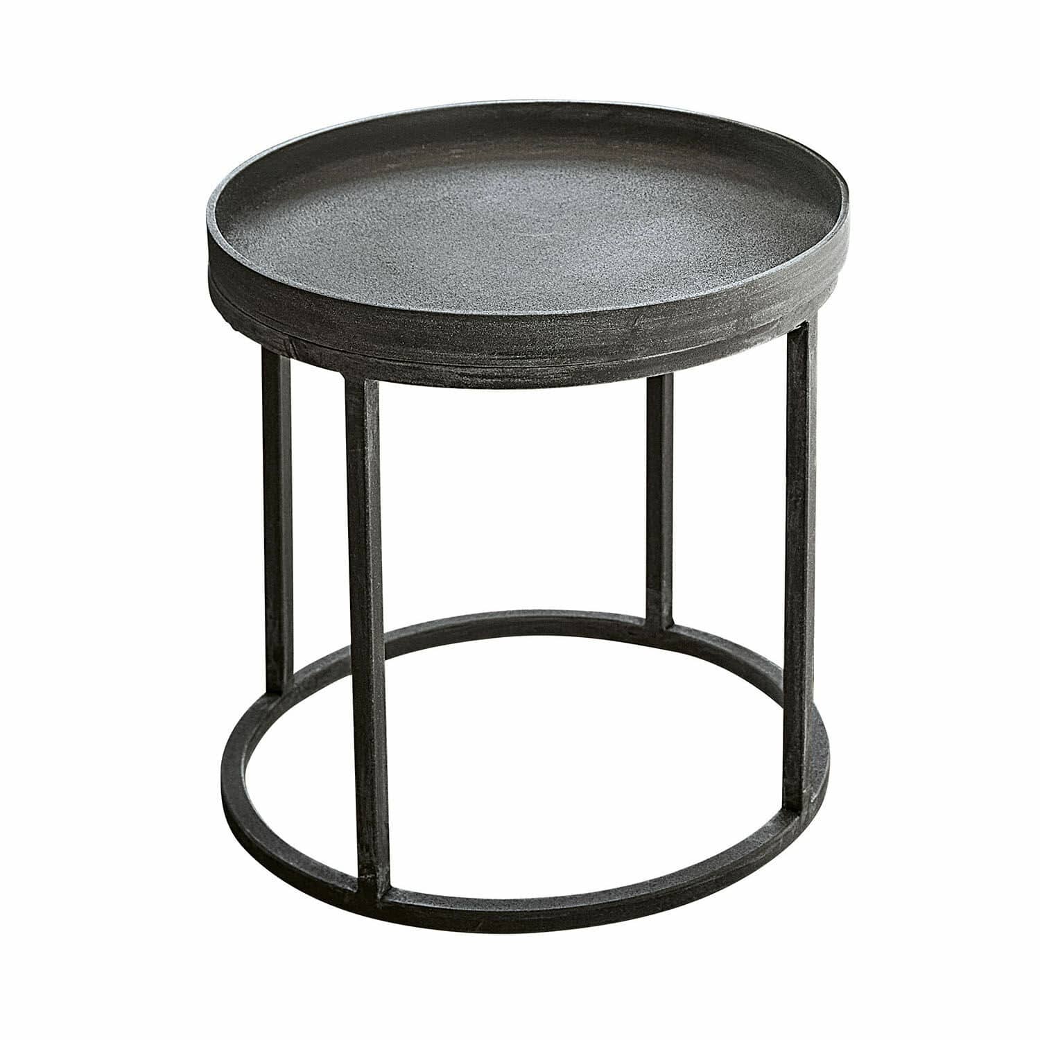 Szary stolik kawowy Maupin z metalu o okrągłym blacie i minimalistycznym designie do salonu