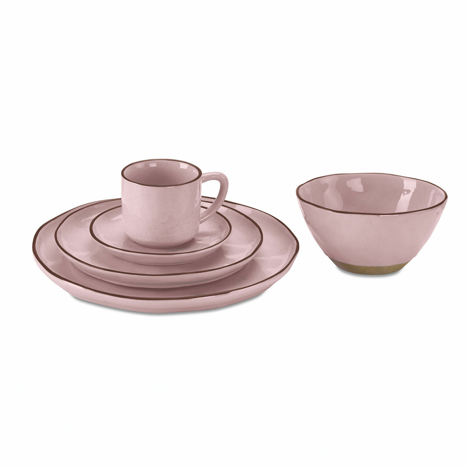 różowy Różowy ceramiczny zestaw naczyń Biarritz z filiżanką, talerzami i miską do serwowania