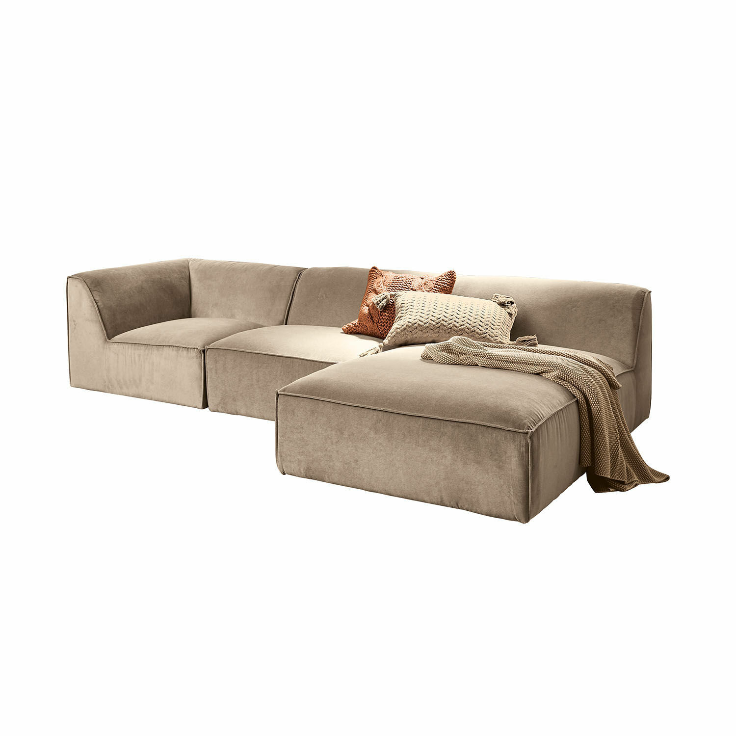 Sofa McLean Beżowa sofa modułowa z miękkiego materiału z poduszkami i kocem, nowoczesny mebel wypoczynkowy