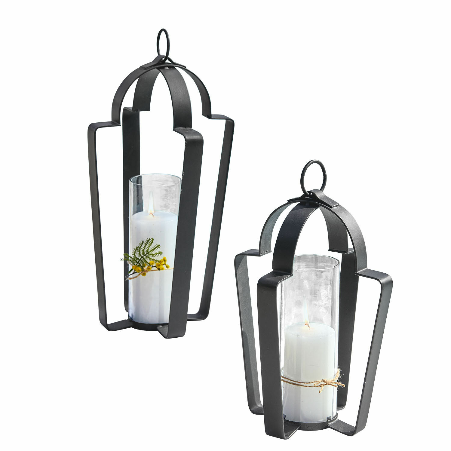 Lampion, zestaw 2 szt. Cime Zestaw dwóch czarnych metalowych lampionów z białymi świecami i szklanymi osłonami, dekoracja wnętrz