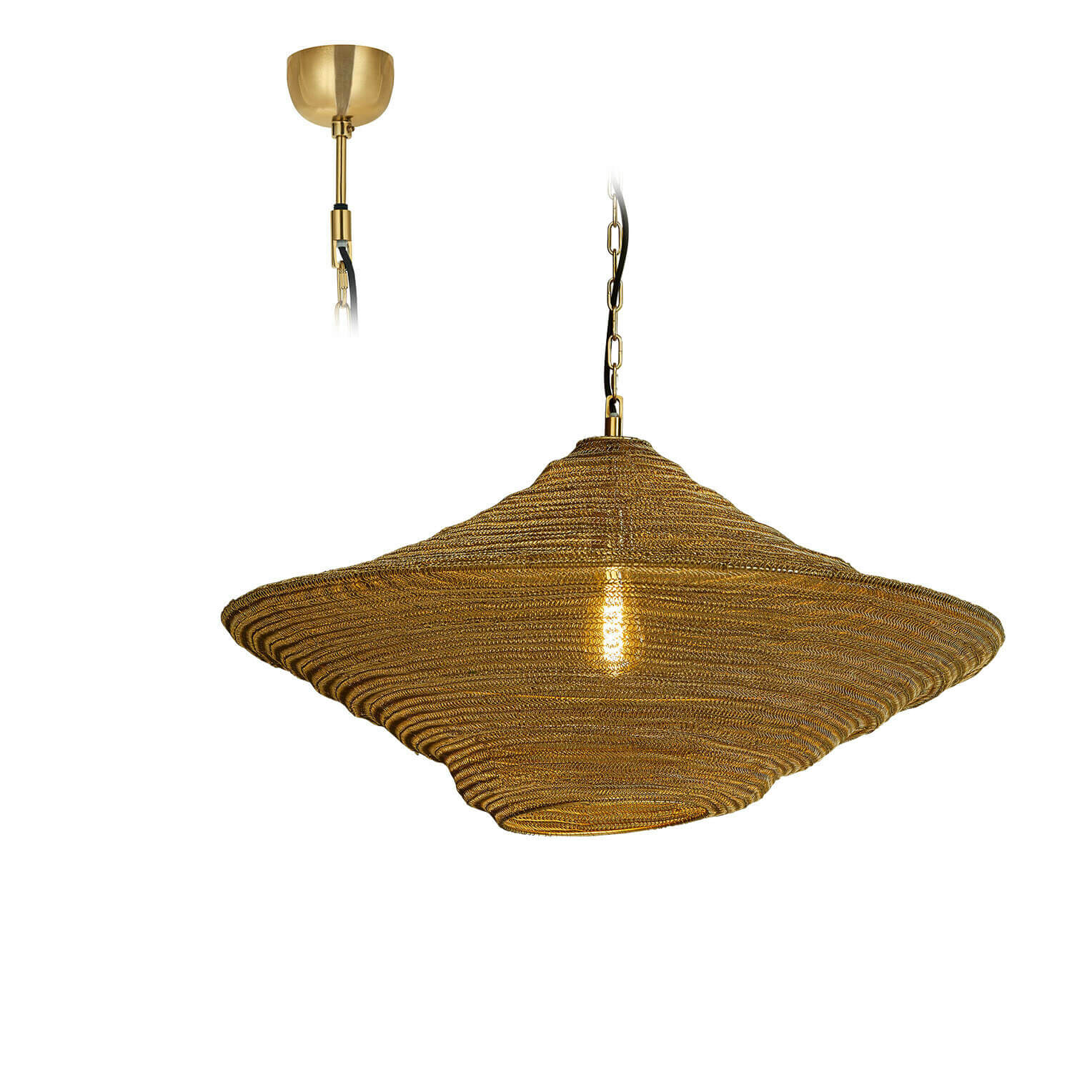 Lampa wisząca Ferncroft Wisząca lampa z mosiądzu o unikalnym kształcie i złotym kolorze, idealna do nowoczesnych wnętrz