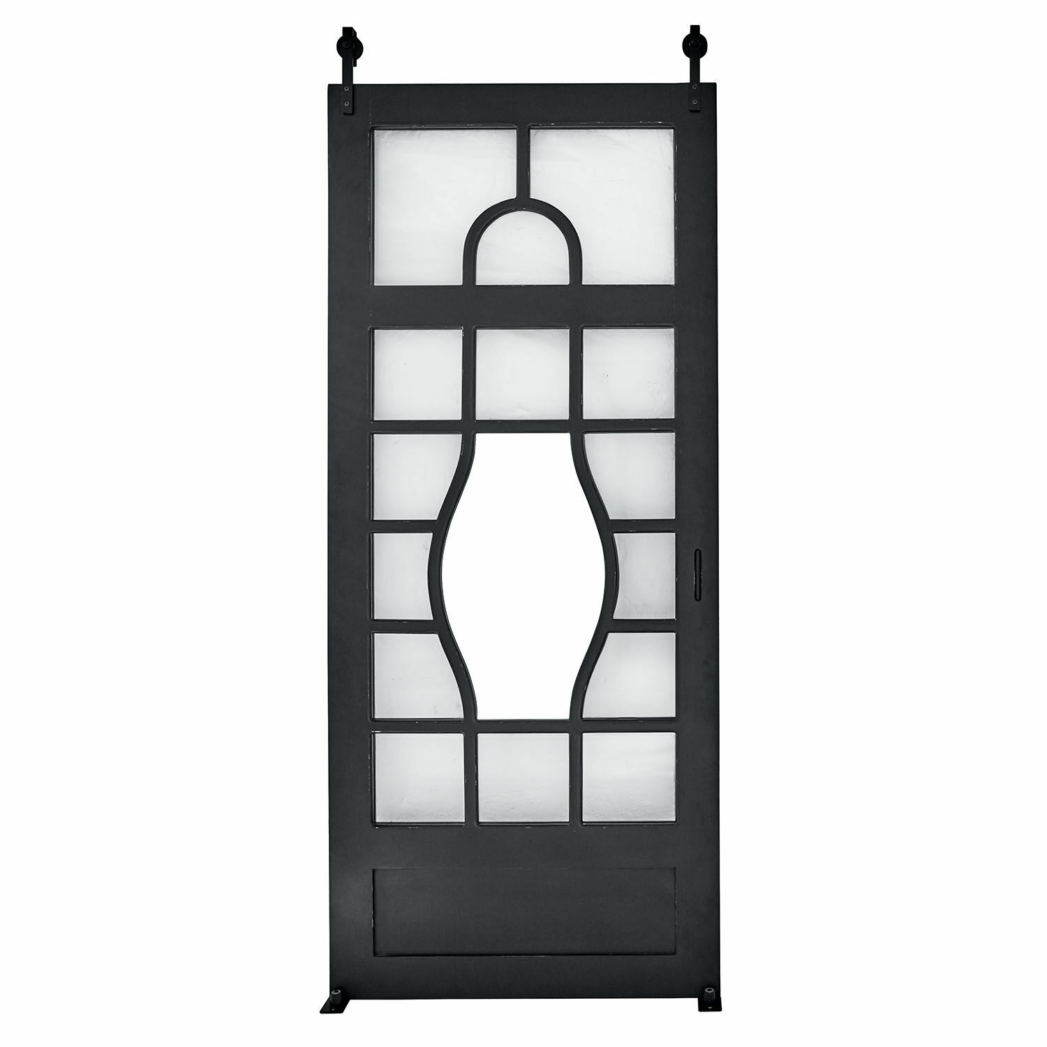Drzwi przesuwne Wilmorton Czarna metalowa drzwi przesuwne z geometrycznym wzorem i mlecznym szkłem do wnętrz
