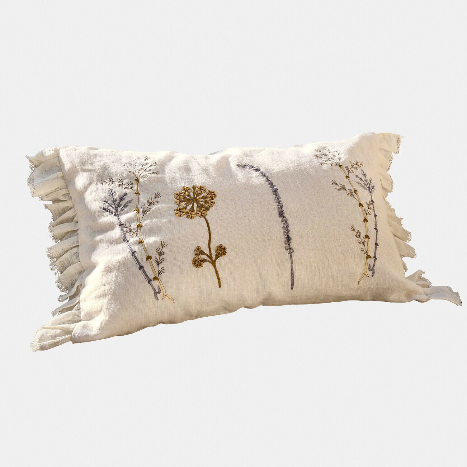 Beżowa lniana poduszka z haftem roślinnym i falbankami, dekoracyjna poduszka do salonu lub sypialni