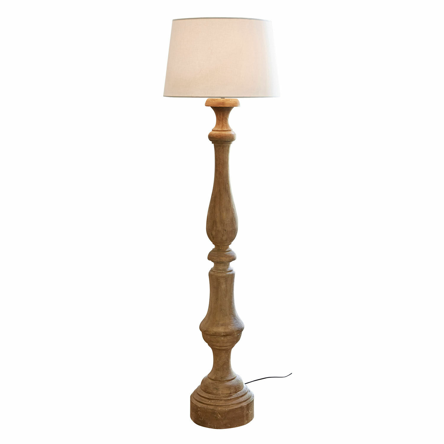 Lampa stojąca Etienne Drewniana lampa podłogowa z beżowym abażurem, klasyczny design do salonu lub sypialni