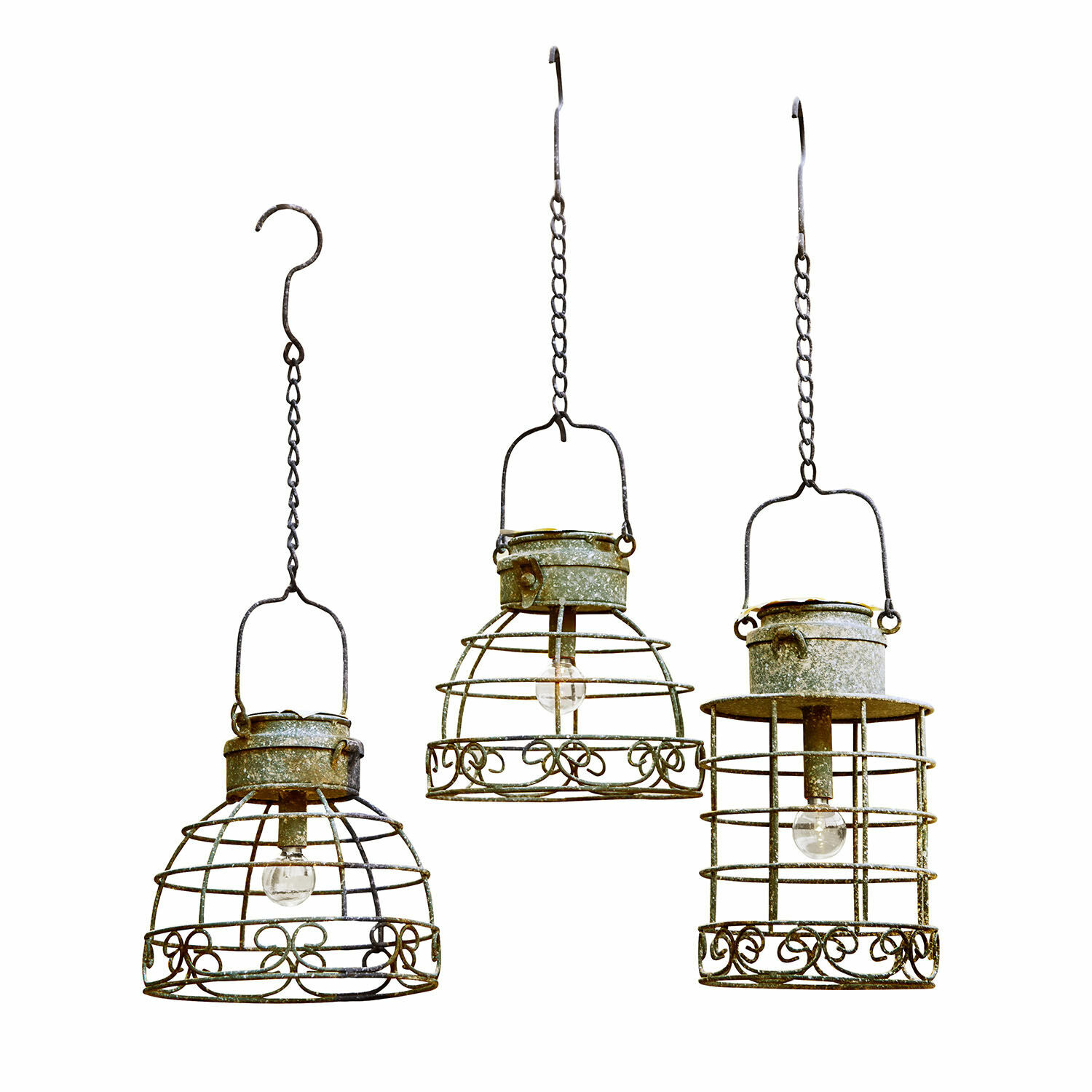 Latarnia solarna, zestaw 3 szt. Yirevol Zestaw trzech wiszących lamp z metalowej siatki w stylu vintage, kolor zielono-szary, dekoracyjne oświetlenie