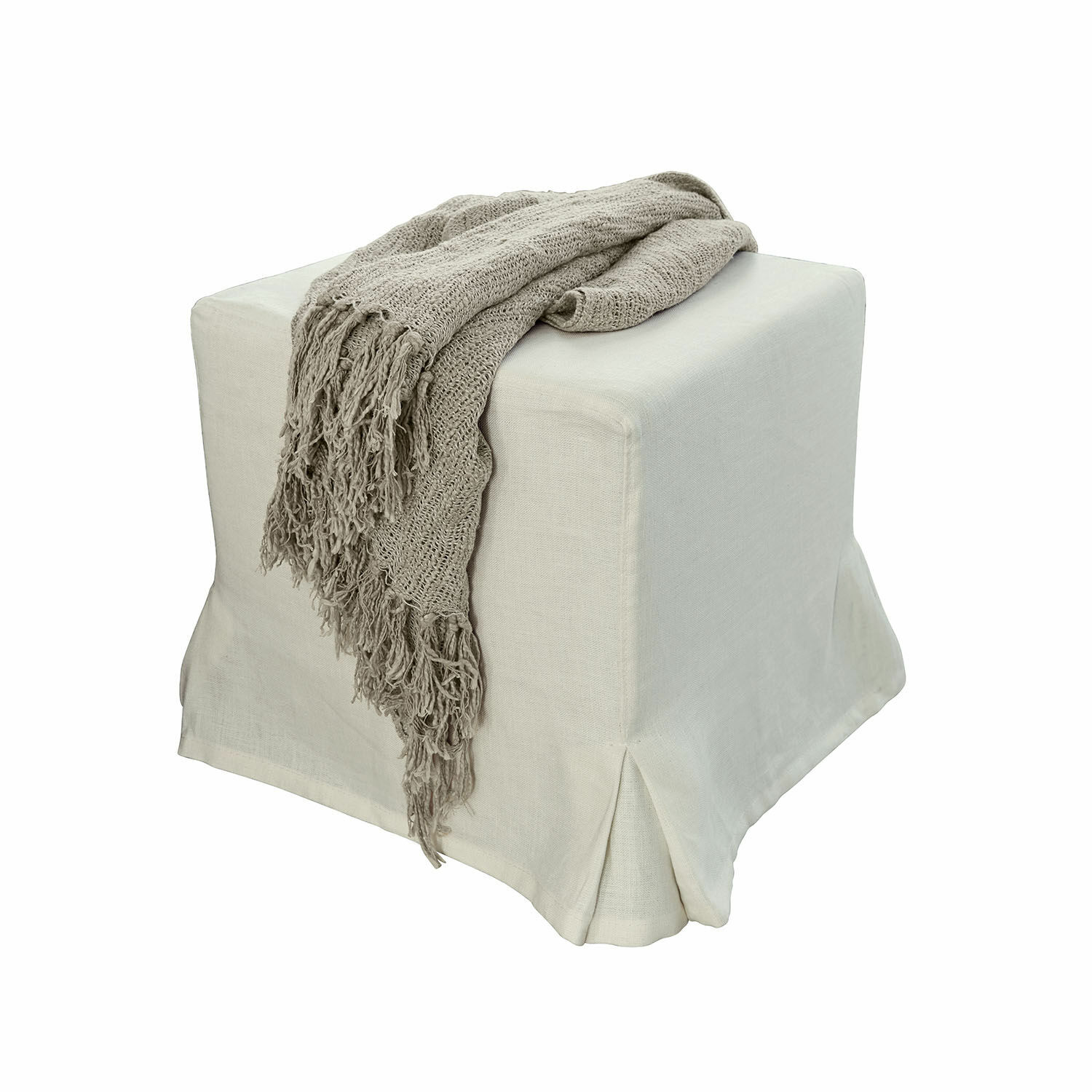 Puf Ulysette Beżowy puf z tkaniny z szarym dzianym kocem z frędzlami, mebel do salonu i dekoracja wnętrz