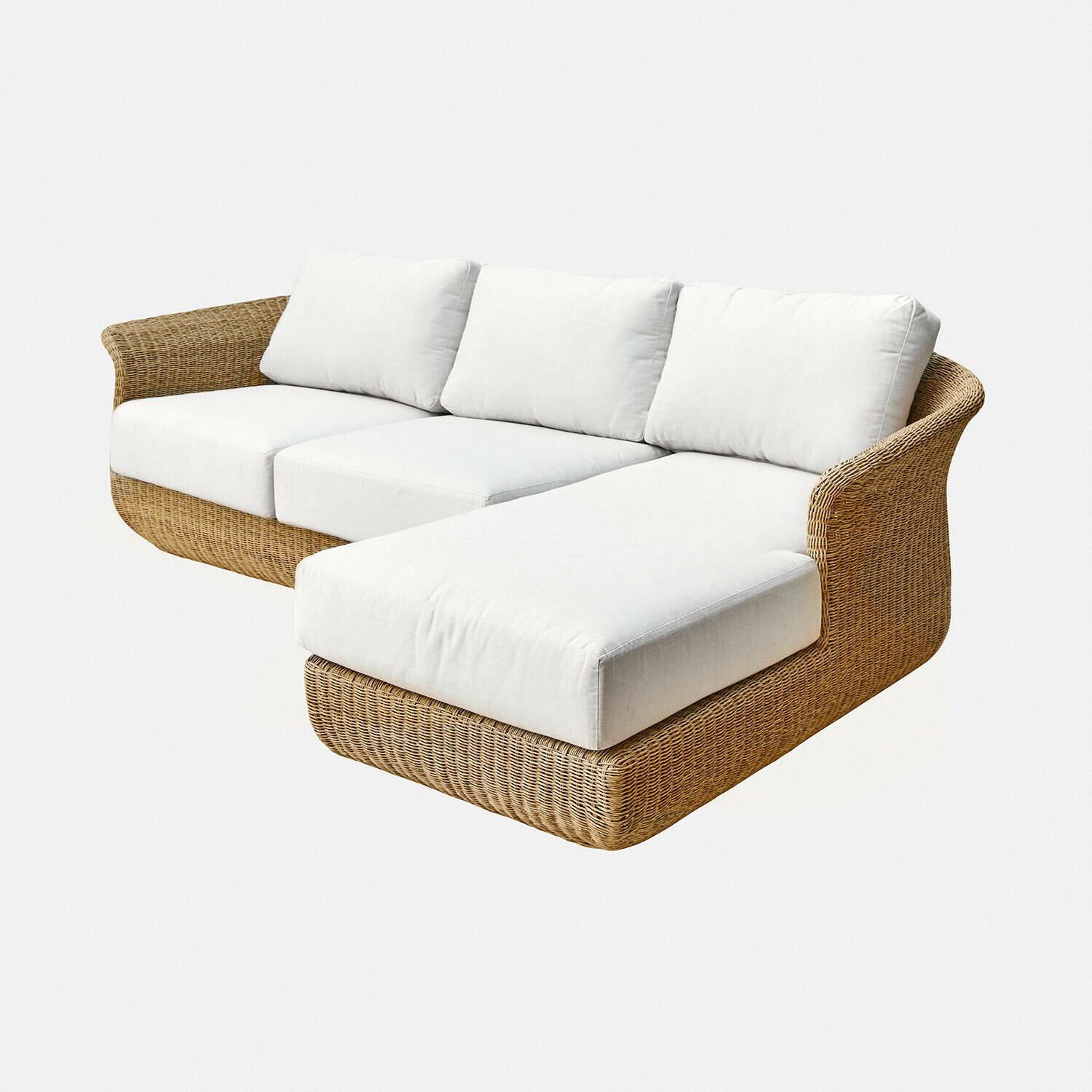 Sofa Cassianas Narożna sofa z rattanu z białymi poduszkami, mebel wypoczynkowy do salonu lub ogrodu