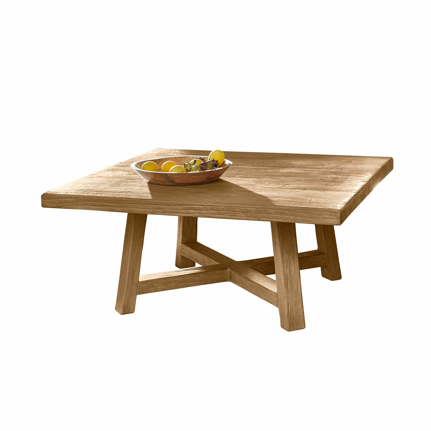 Stolik kawowy Eldonbury Kwadratowy stolik kawowy z drewna w naturalnym kolorze z dekoracyjną miską na owoce