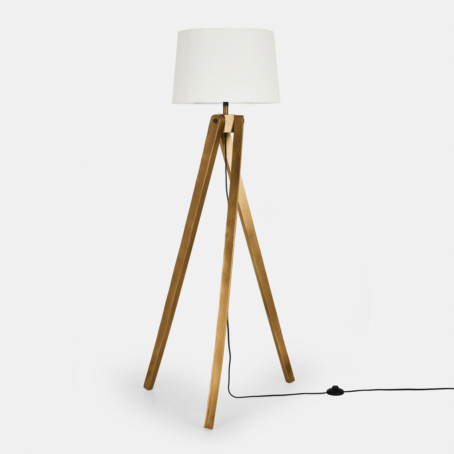 Lampa stojąca Kelvio Lampa podłogowa z białym abażurem i trójnogiem z drewna w kolorze miodowym do salonu