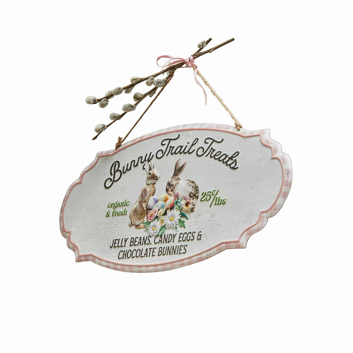 Tablica dekoracyjna Bunny Trail Dekoracyjna zawieszka z napisem Bunny Trail Treats i grafiką królików oraz pisanek na Wielkanoc