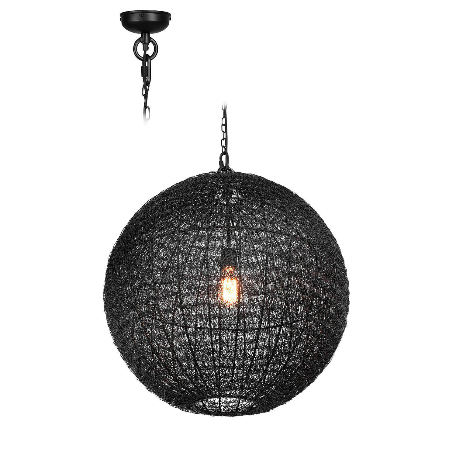 Lampa wisząca Castalune Czarna metalowa lampa wisząca w kształcie kuli z siatkowym kloszem i widoczną żarówką LED